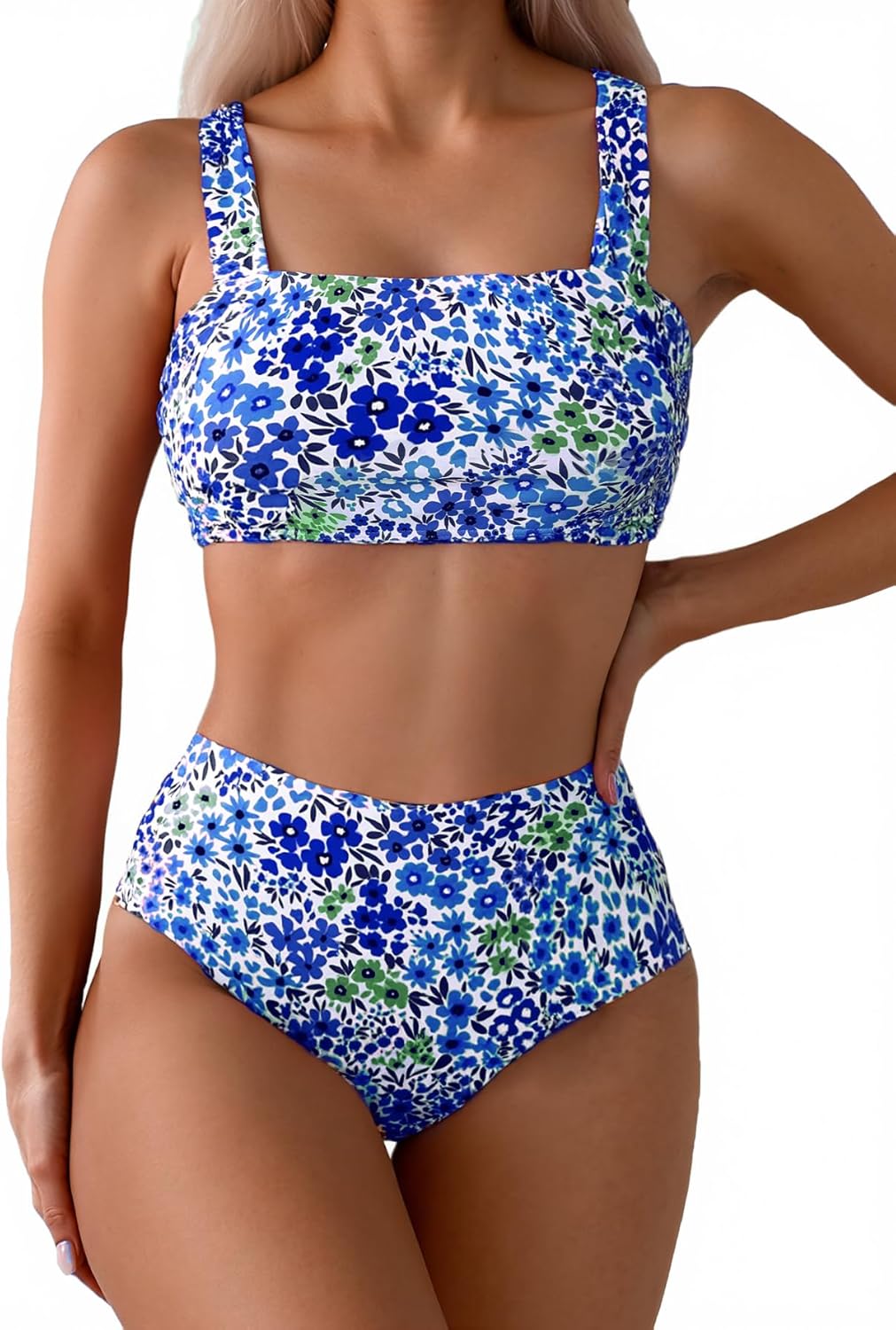 Fanuerg Women's High Waisted Bikini Sets Wide Straps Two Piece Swimsuit Floral Print Bathing Suits Blue Floral 2 Large
