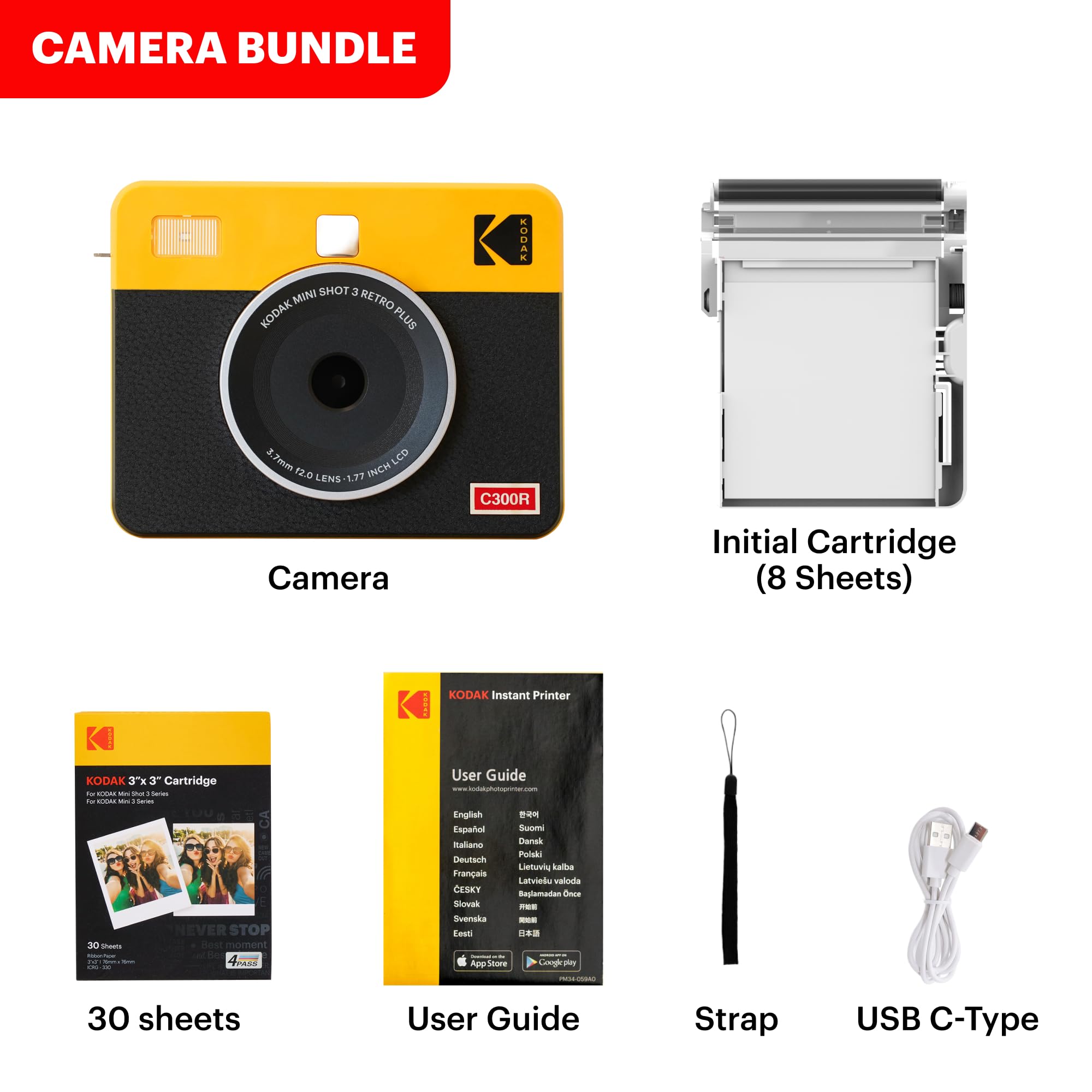 KODAK Mini Shot 3 Retro 4PASS 2-in-1 Instant Digital Camera and Photo Printer (3x3 inches) + 60 Sheets Cartridge Bundle, White