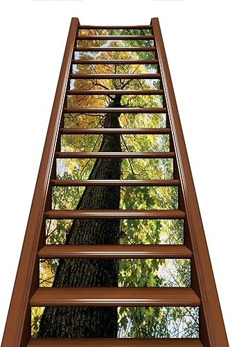 Miniatura 2 de Adhesivos autoadhesivos para escaleras, diseño de árbol marrón oscuro, verde pálido, amarillo, despegar y pegar, para escaleras, murales para