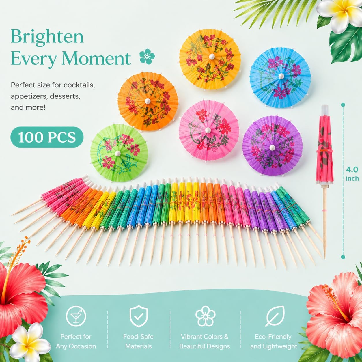 100 pcs Drink Umbrellas, Colorful Paper Cocktail Umbrellas for Drinks, Mini Umbrella Toothpicks for Luau Parasols Hawaiian Tiki Party Decorations