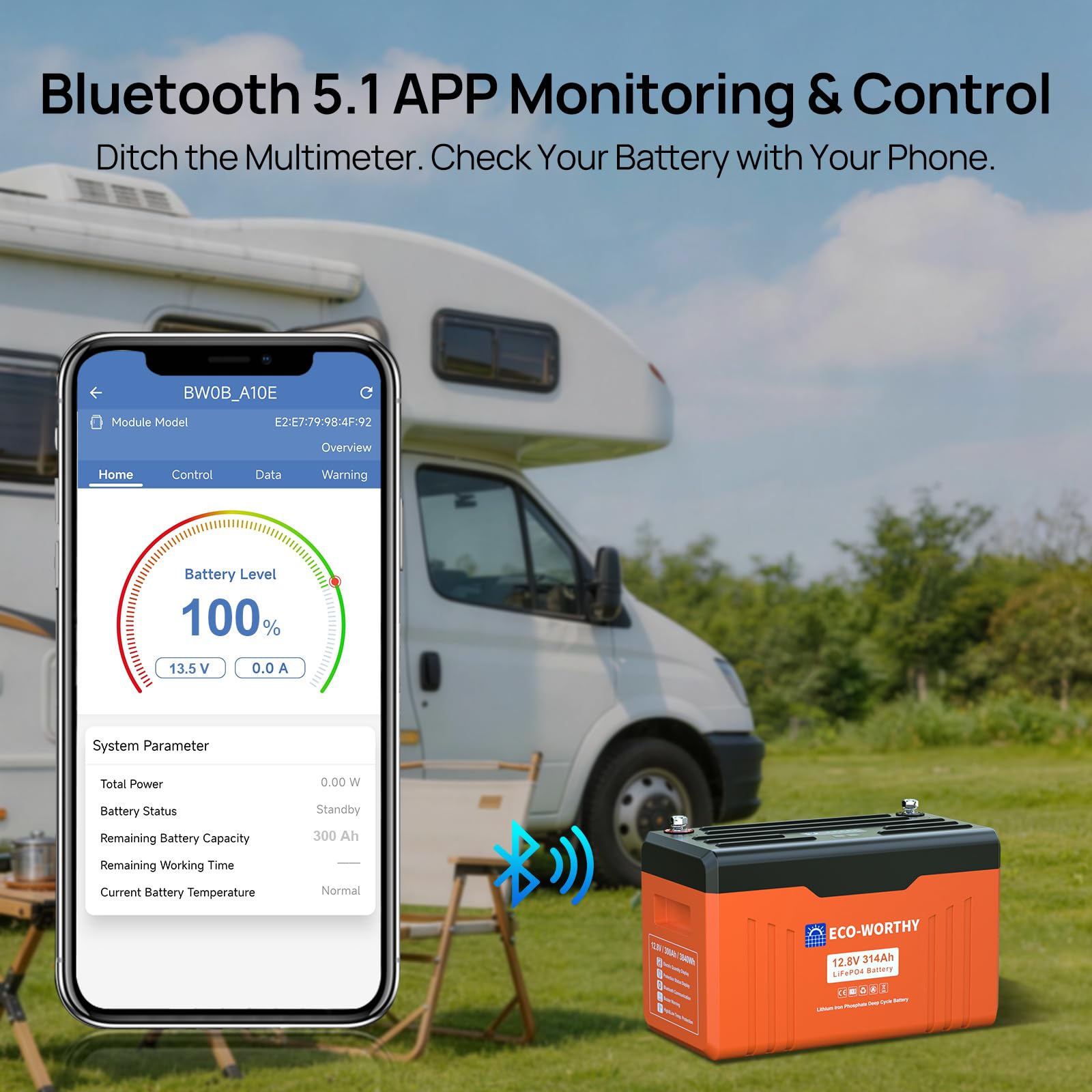 ECO-WORTHY Bateria LiFePO4 12V 314Ah EnergyTrek con Bluetooth, Indicador LED, Protección BMS de Baja Temperatura y máx. 15000 Ciclos, 4019 WH Bateria Litio 12 V para Autocaravana, Panel Solar