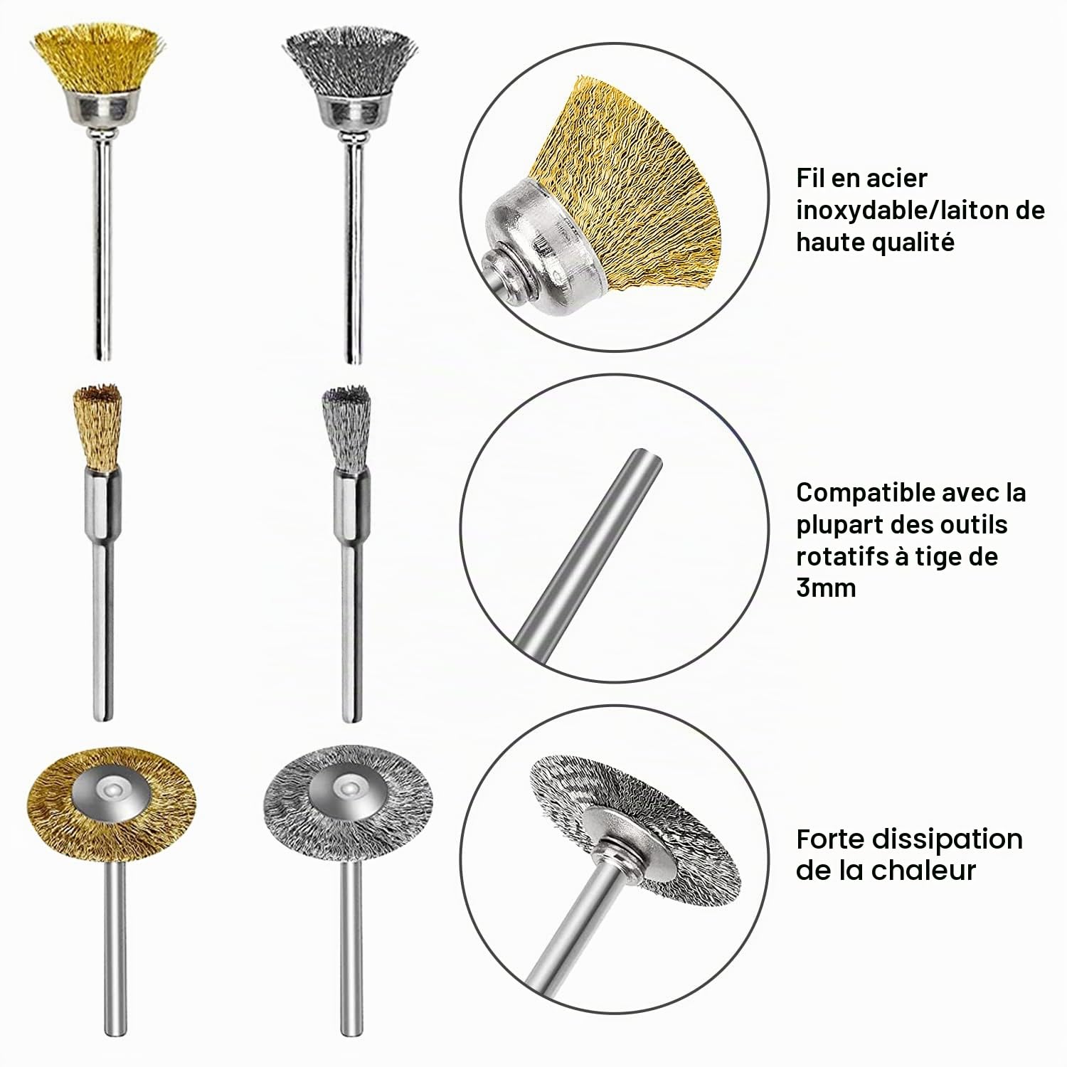 Brosse Metallique pour Perceuse, 40pcs Mini Brosse Métallique en Acier et Laiton pour Dremel Rotatifs Outils, 3 Formes avec Tige 3mm pour Polissage Dérouillage Nettoyage Ponçage