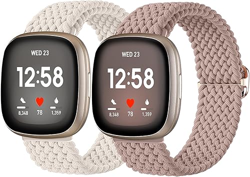 Paquete de 2 bandas elásticas compatibles con Fitbit Versa 2VersaVersa LiteVersa SE, correas deportivas de repuesto trenzadas suaves y ajustables,
