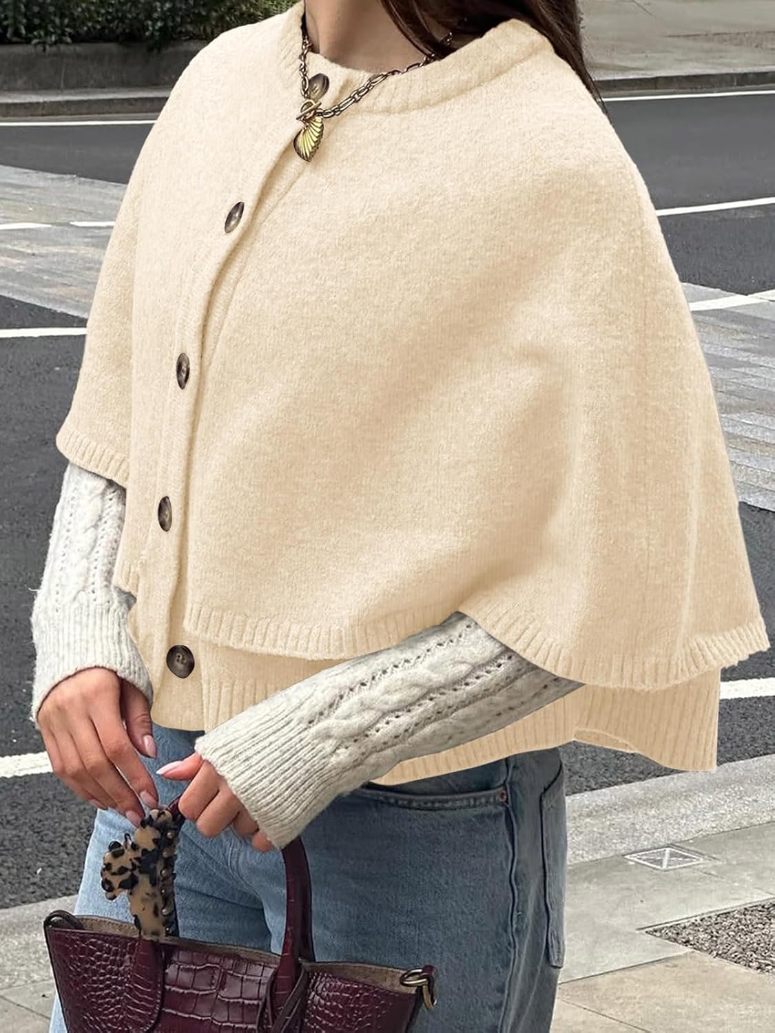 Saodimallsu Womens Cropped Cape Cardigan Button Up Crew Neck Jacket Shawl Fall Trendy Knit Sweater - Image 3