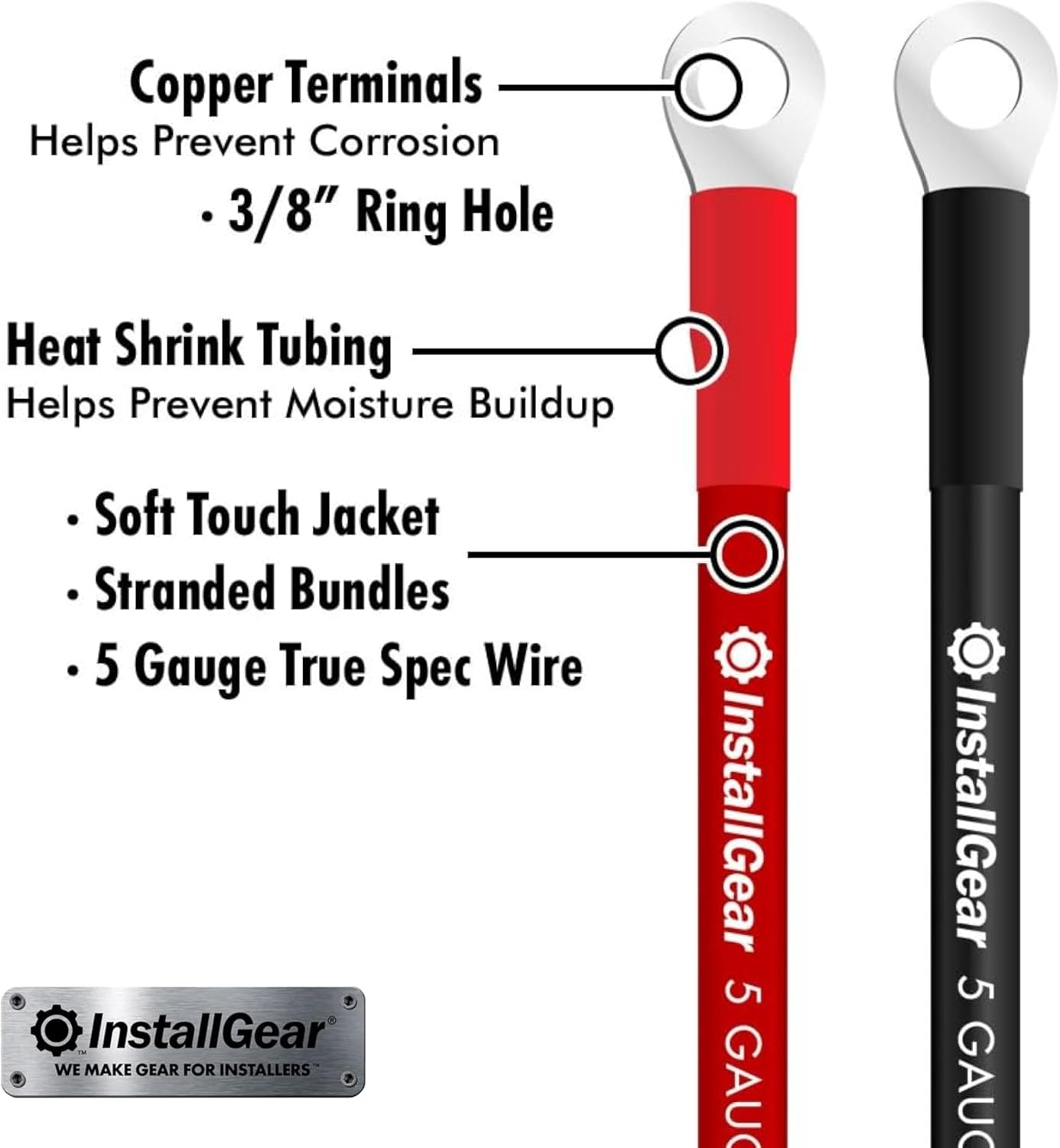 InstallGear 1/0 Gauge Wire - 2 Feet OFC Battery Power Inverter Cable Set - Durable PVC Jacket and Tinned Copper Lugs - Reliable 1/0 Battery Cable for Car, RV, Marine, Solar