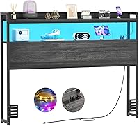 Aheaplus Full Size Headboard Black Oak - Outlets, USB Ports, LED Lights, Storage Shelves, Adjustable Height