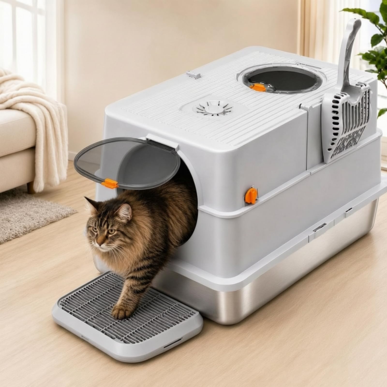 Caja de Arena para Gatos Contenedor Cerrado Arenero Bandeja en Acero Inoxidable con Dos Accesos y Superficie Estriada Reduce Rastros Incluye Removedor, Negro Grafito