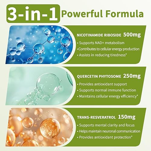 Miniatura 3 de Suplemento liposomal NAD+  900 mg de ribósido de nicotinamida, resveratrol y quercetina  Cápsulas NAD Plus para energía y envejecimiento saludable