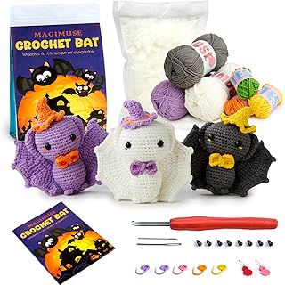 Magimuse Halloween Crochet Kit for Beginners Crochet Starter Kits for Adults and Kids Amigurumi Knitting Crochet Animals Kits with Step-by-Step Video Tutorials, Party Gift -3 Colorful Bats (40%+ Yarn)
