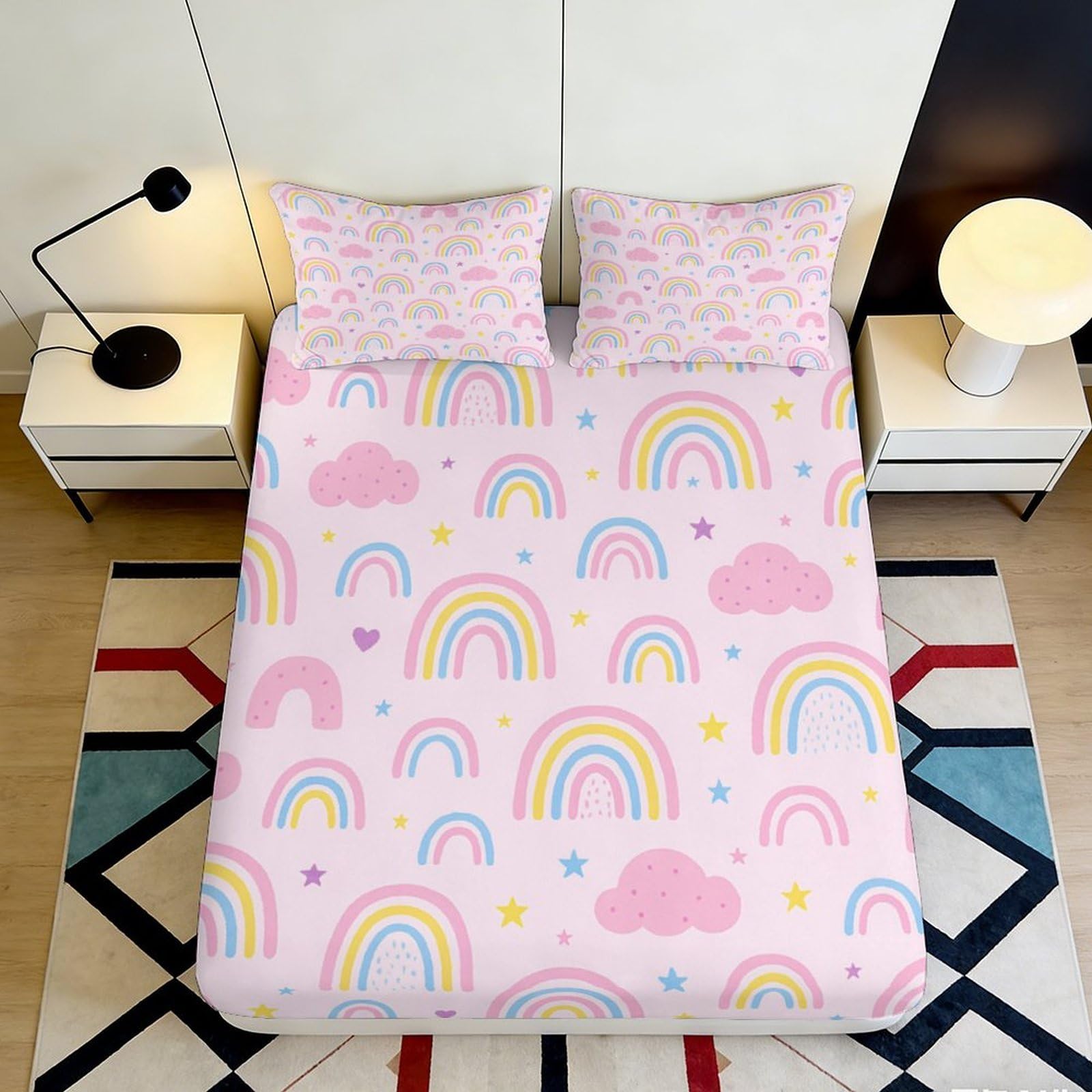 3D Printed Rainbow Cloud Fitted Sheet Breathable Microfiber Deep Pocket Bedroom Bedding Rainbow Cloud Mattress Fitted Cover Washable 180x200x25cm