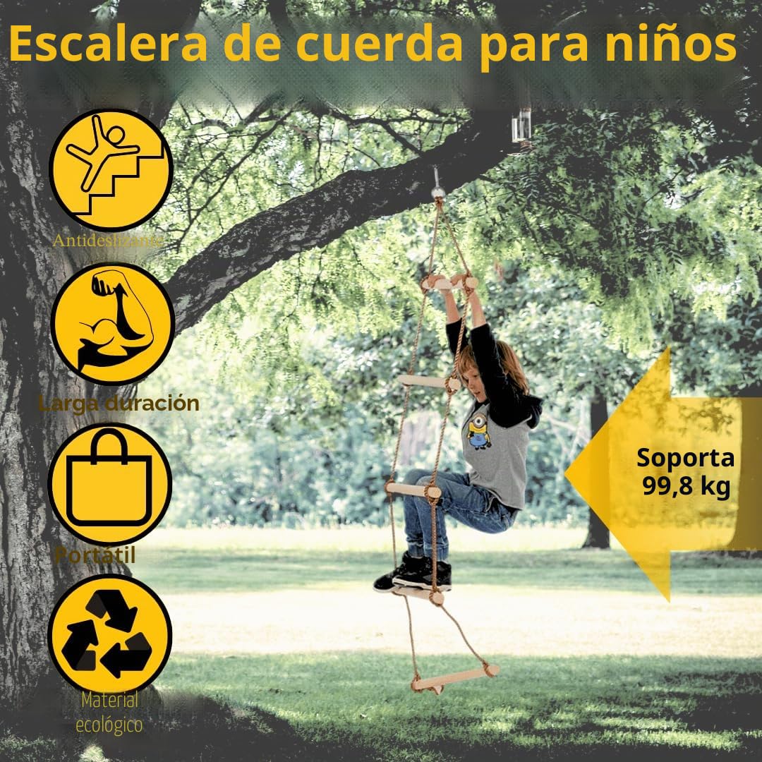 Escalera de Cuerda de Pared Sueca 2m - Escaleras Duraderas de Madera Dura para Niños | Equipo de Juego de Escalera de árbol | Escaleras de Madera con Ganchos | Accesorios para Parques Infantiles