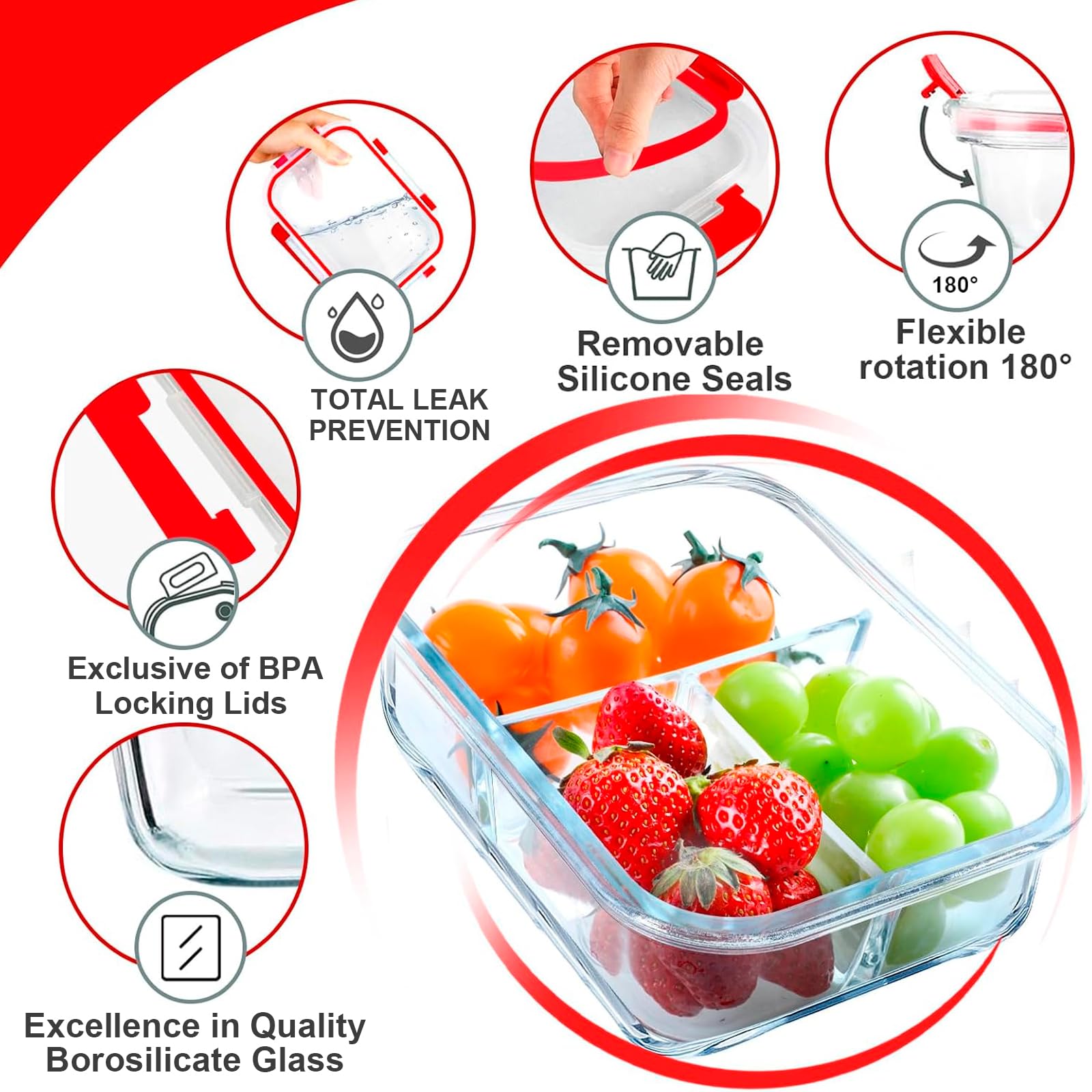 VERONES Paquete de 5 recipientes de vidrio para preparación de comidas, juego de 3 compartimentos, recipientes herméticos de vidrio para almuerzo de 36 onzas, recipientes de almacenamiento de