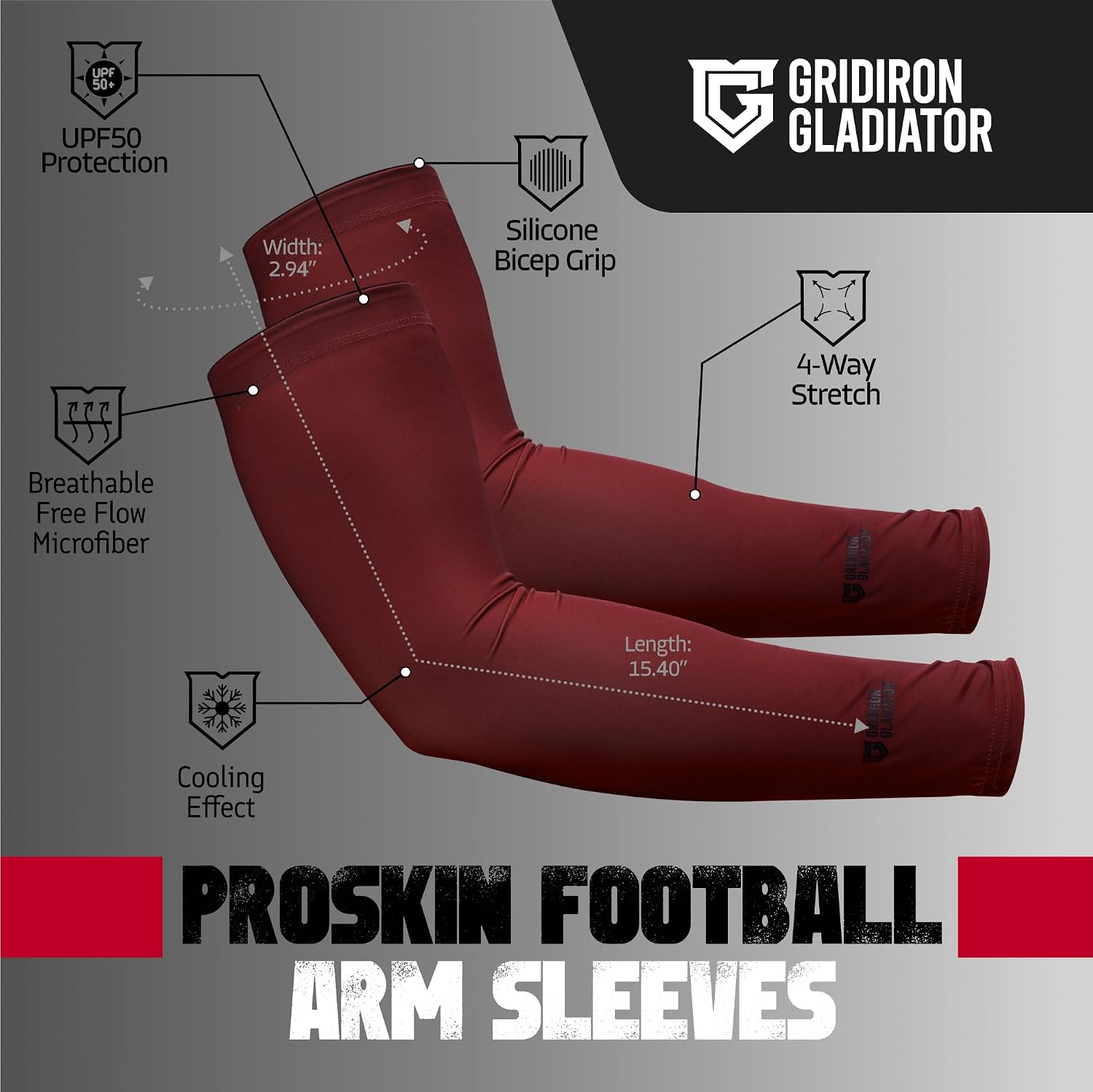 Gridiron Gladiator Football Arm Sleeve - Sport Compression Sleeves Men Women - Lightweight Breathable UPF 50+ Sun Protection