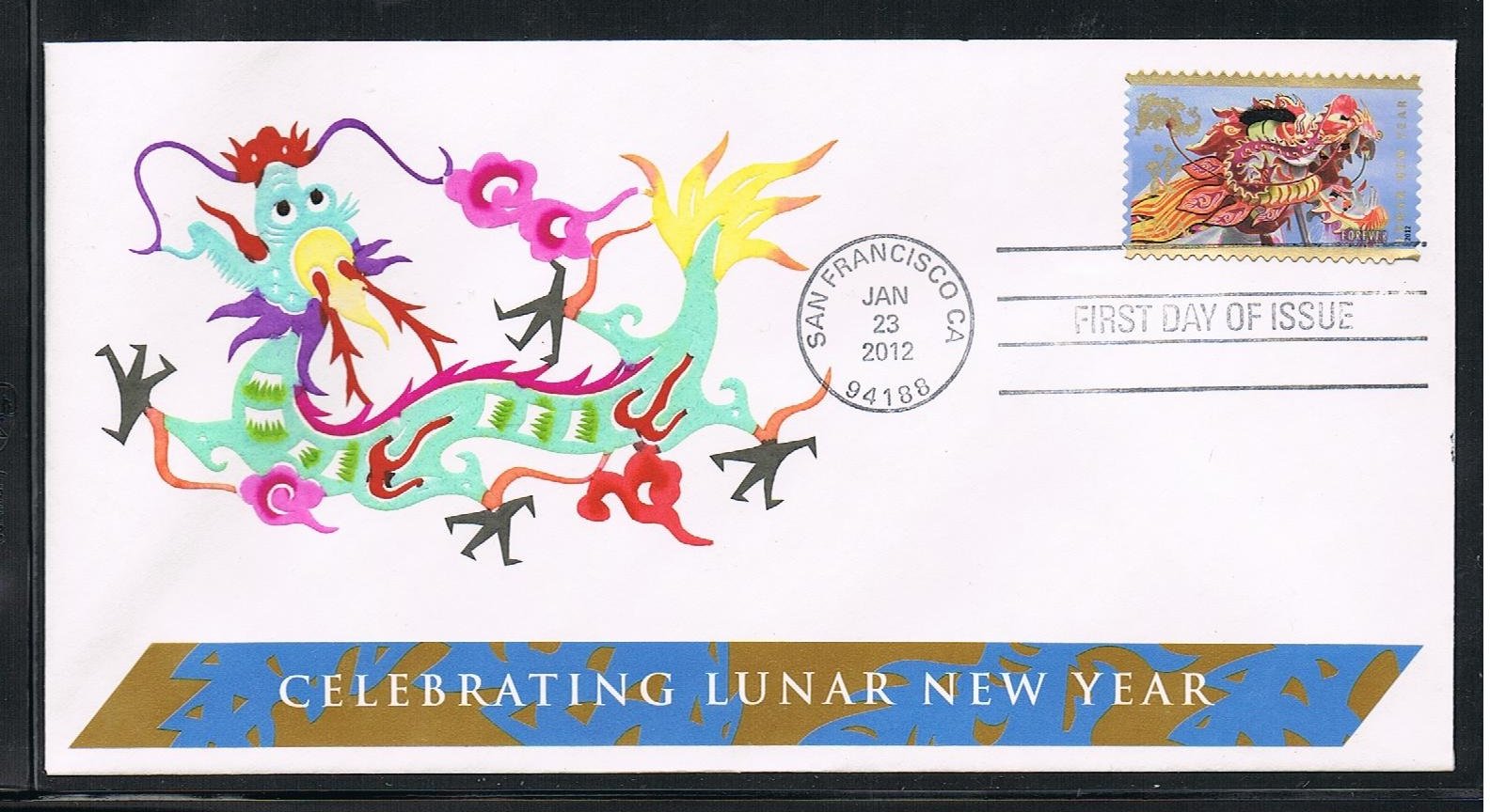 USA Happy New Year Stamp for The Year of the Dragon 2012 First Day Cover Made by Handmade Paper-Cut Issued in San Francisco on 01/23/2012