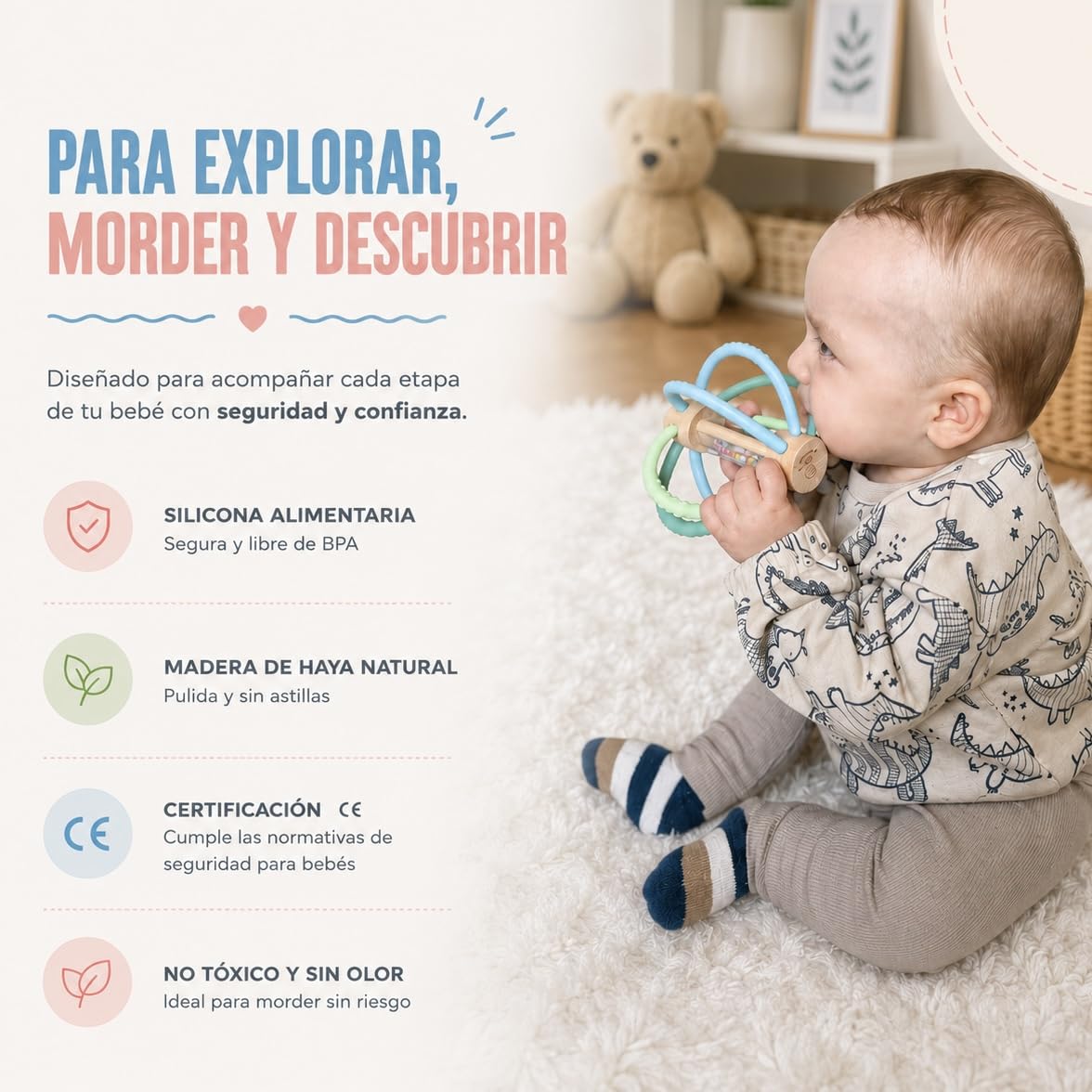 Sonajero Mordedor con Palo de Lluvia Bebe | Montessori bebe 0-6 meses y 6-12 meses | Mordedor de Silicona y Madera para Alivio de las Encias | Juguete Estimulación temprana y Tummy Time (Blue Ocean)