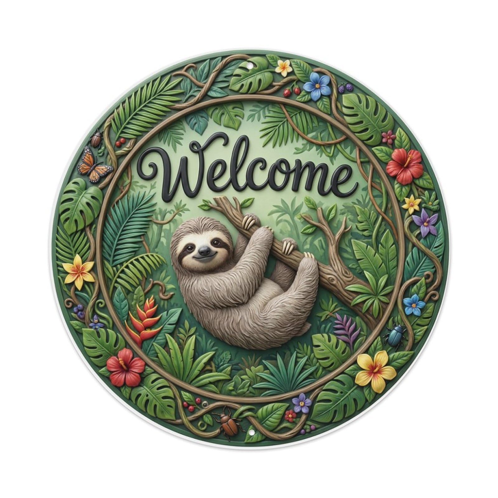 Metal Tin Sign Sloth Hanging Welcome Forest Retreat