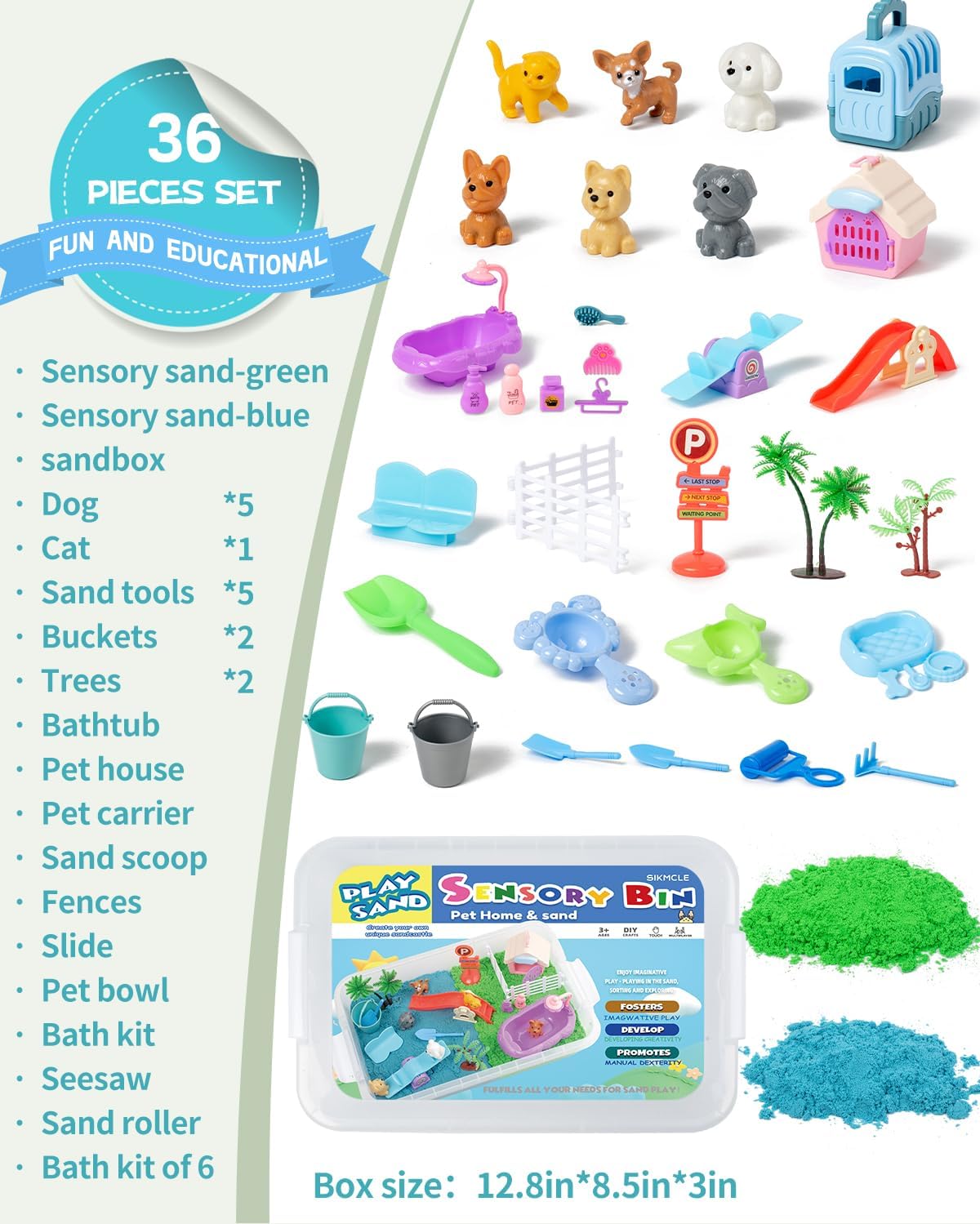 sikmcle 36 PCS Pet Sensory Bin with 2 Color of Moldable Sensory Sand,Pet Play Set and Sandbox with Lid,Pet Care Play Set for Kids Best Christmas Birthday Gift for Boys Girls 3 4 5 6 7 Year Old - Image 3