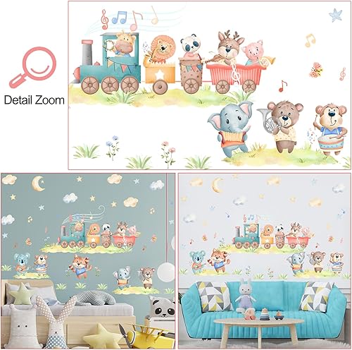 Miniatura 3 de Calcomanía extraíble de pared de animales de dibujos animados para fiesta, elefante, león, cebra, oso en el tren, diseño de estrellas de nube,