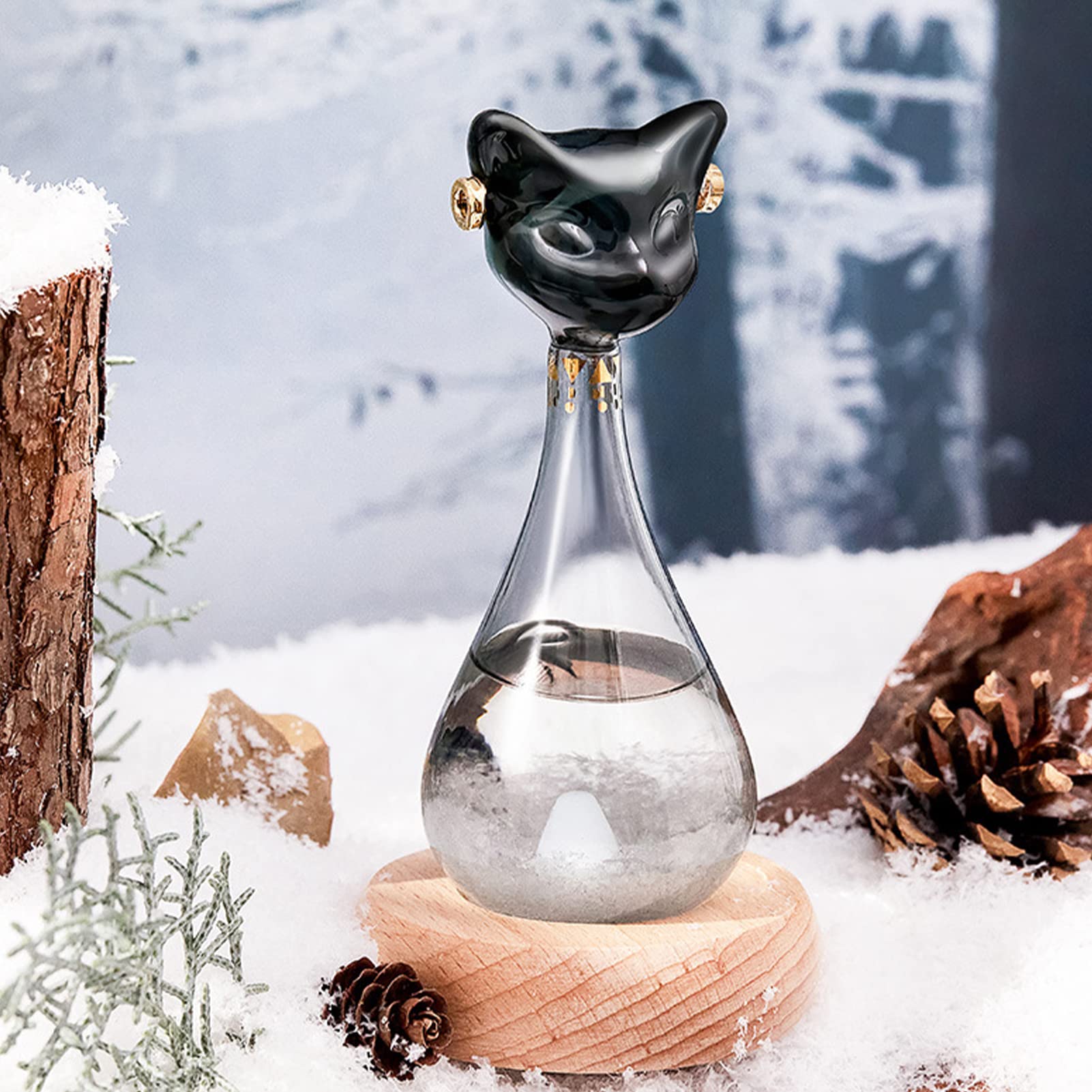 Stazione meteo tempesta, bottiglia previsioni meteo a forma di gatto, meteo barometro in vetro con base in legno, vetro tempesta, regalo originale per compleanni da donna (gatto nero)