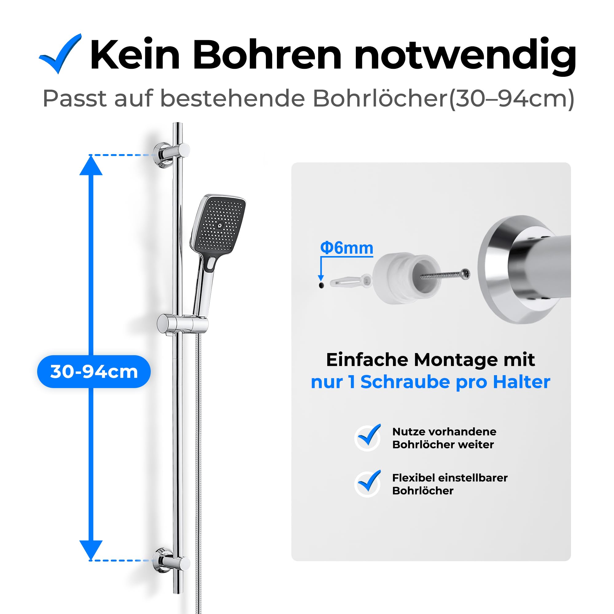 JOHO Dusche Brausestange Edelstahl mit Duschkopfhalter und Variable Wandbefestigungen, bestehende Bohrlöcher nutzbar, Duschstange 100 cm, Chrom