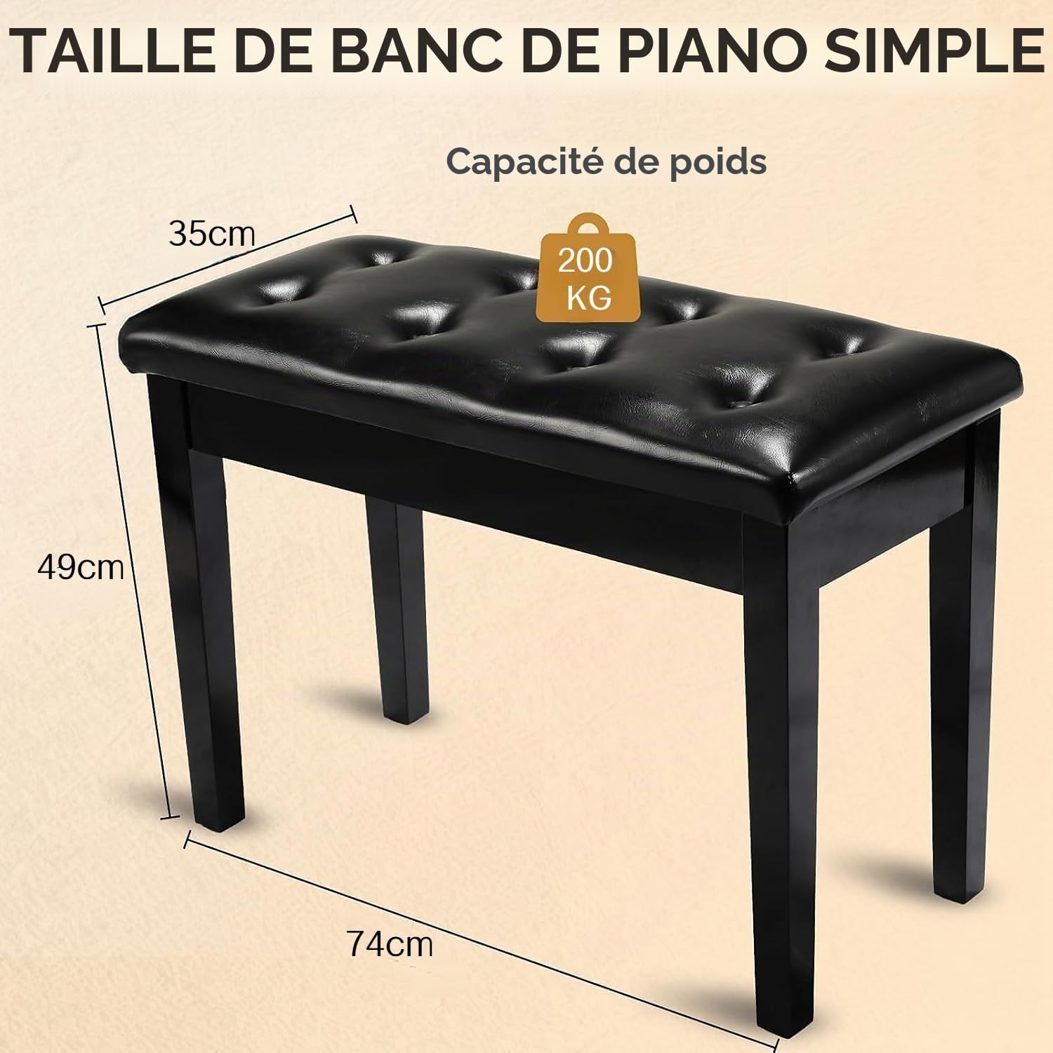 MAMIZO Tabouret de Piano, Siege Piano 75x35x49CM, Chaise Piano avec Espace de Rangement, Pieds en Bois Massif, Banc Piano avec Coussin en Cuir PU, Tabouret Piano Charge Maximale 200KG, Noir