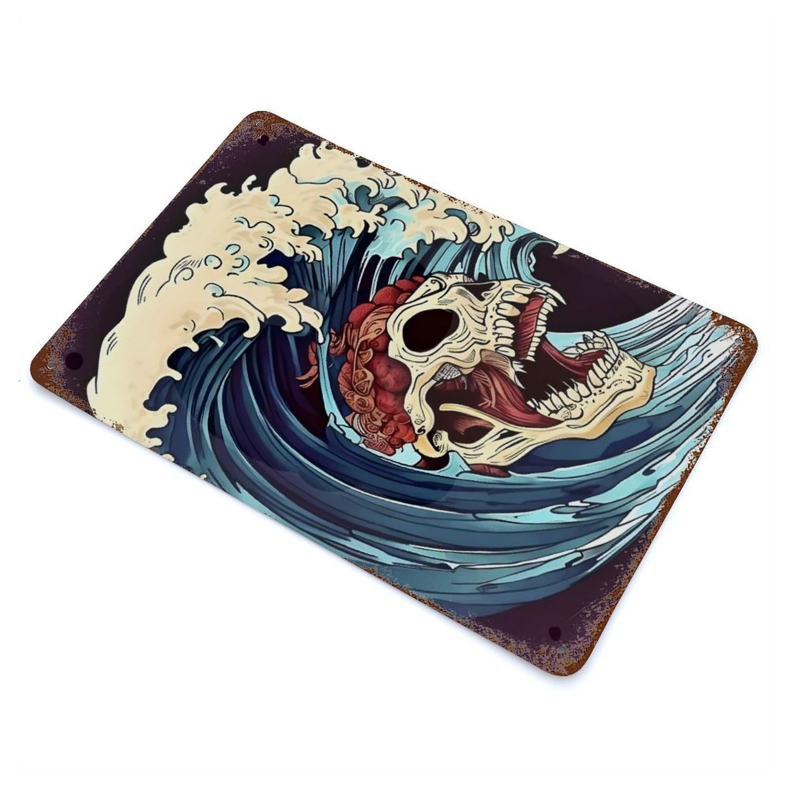 A SKULL IN THE WAVE 11.8"x7.9" Rust Effect Tin Sign, Decorative Metal Wall Art for Garage, Bar And Workshop Decor