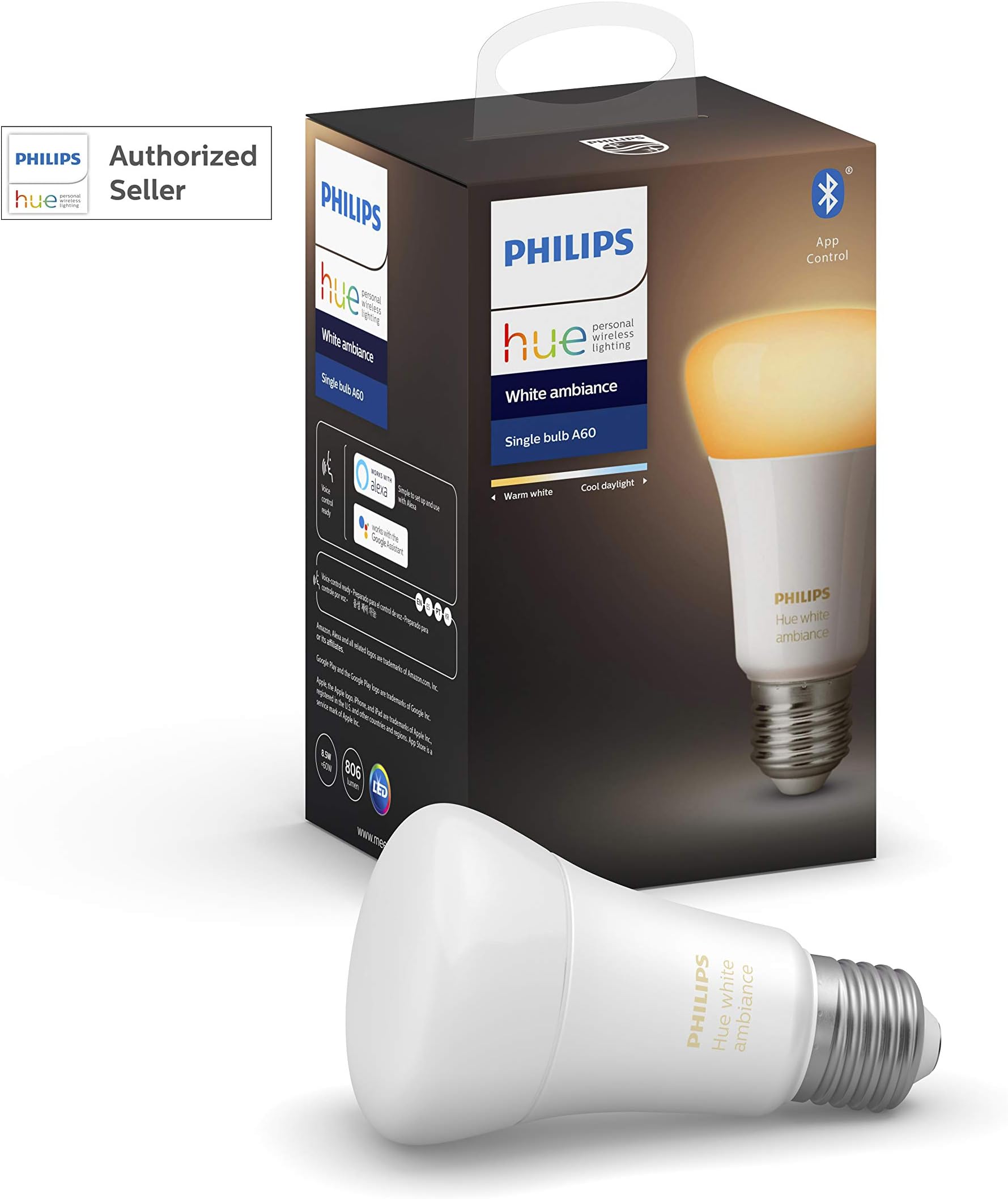 Philips Hue UAE Ambiance LED Smart Bulb, Bluetooth & Zigbee compatible (Hue Bridge Optional), Works with Alexa & Google Assistant, White