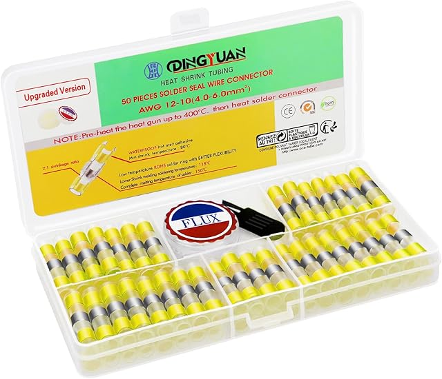 DINGYUAN 50PCS Solde Seal Wire Connectors,Yellow Heat Shrink Butt Connectors Waterproof Splice Connectors AWG12-10 Electrical Terminal