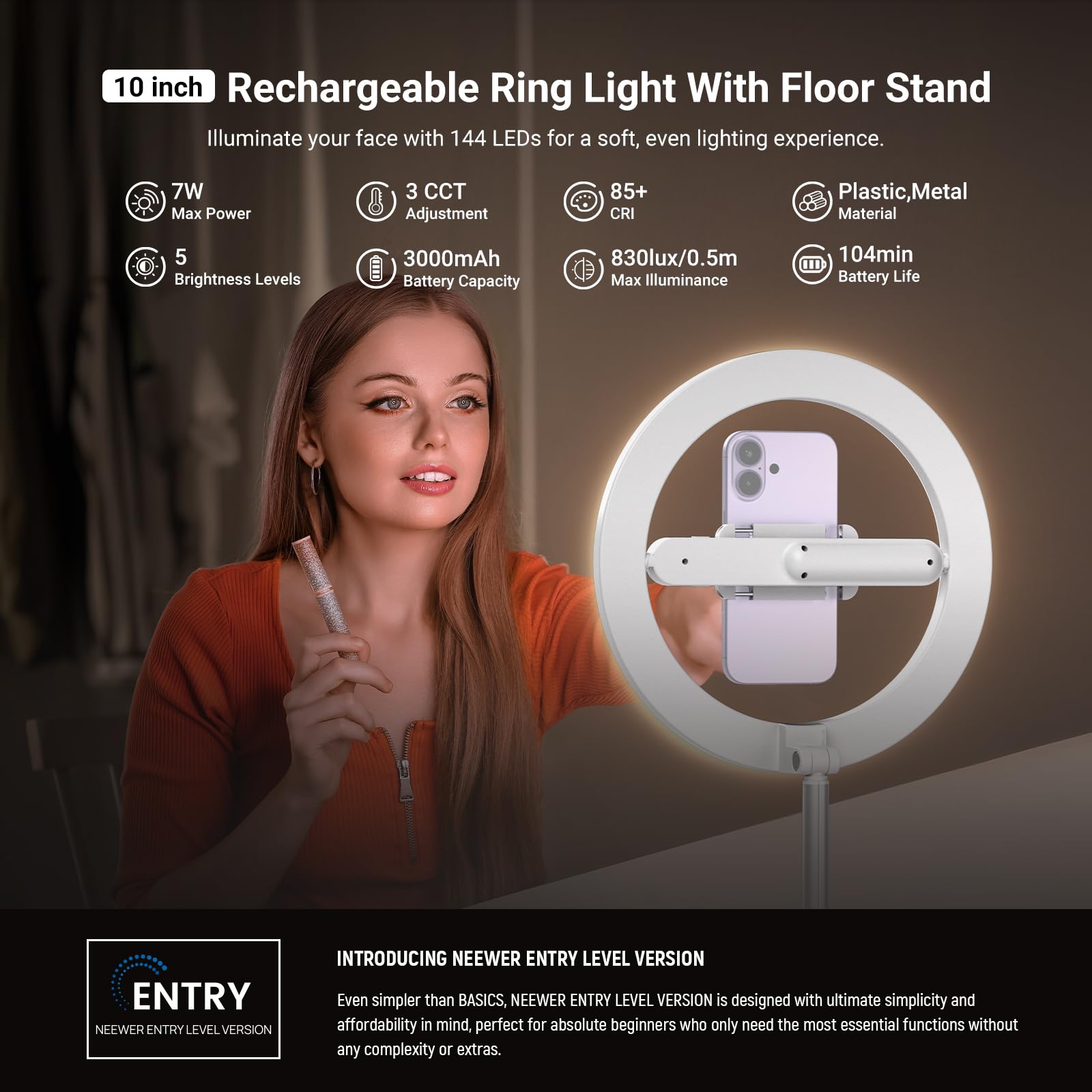 NEEWER Versión de Nivel de Entrada de 10 Pulgadas, 7 W, Anillo de luz LED con Soporte/Soporte para teléfono/3 Modos de Color, Anillo telescópico de 69 Pulgadas, iluminación para iPhone Streaming
