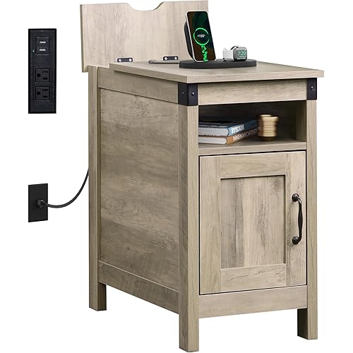 WLIVE Farmhouse End Table with Charging Station, Narrow Side Table for Living Room, Bedroom, Small Nightstand with Storage, USB Ports and Outlets, Small Wooden Cabinet, Greige