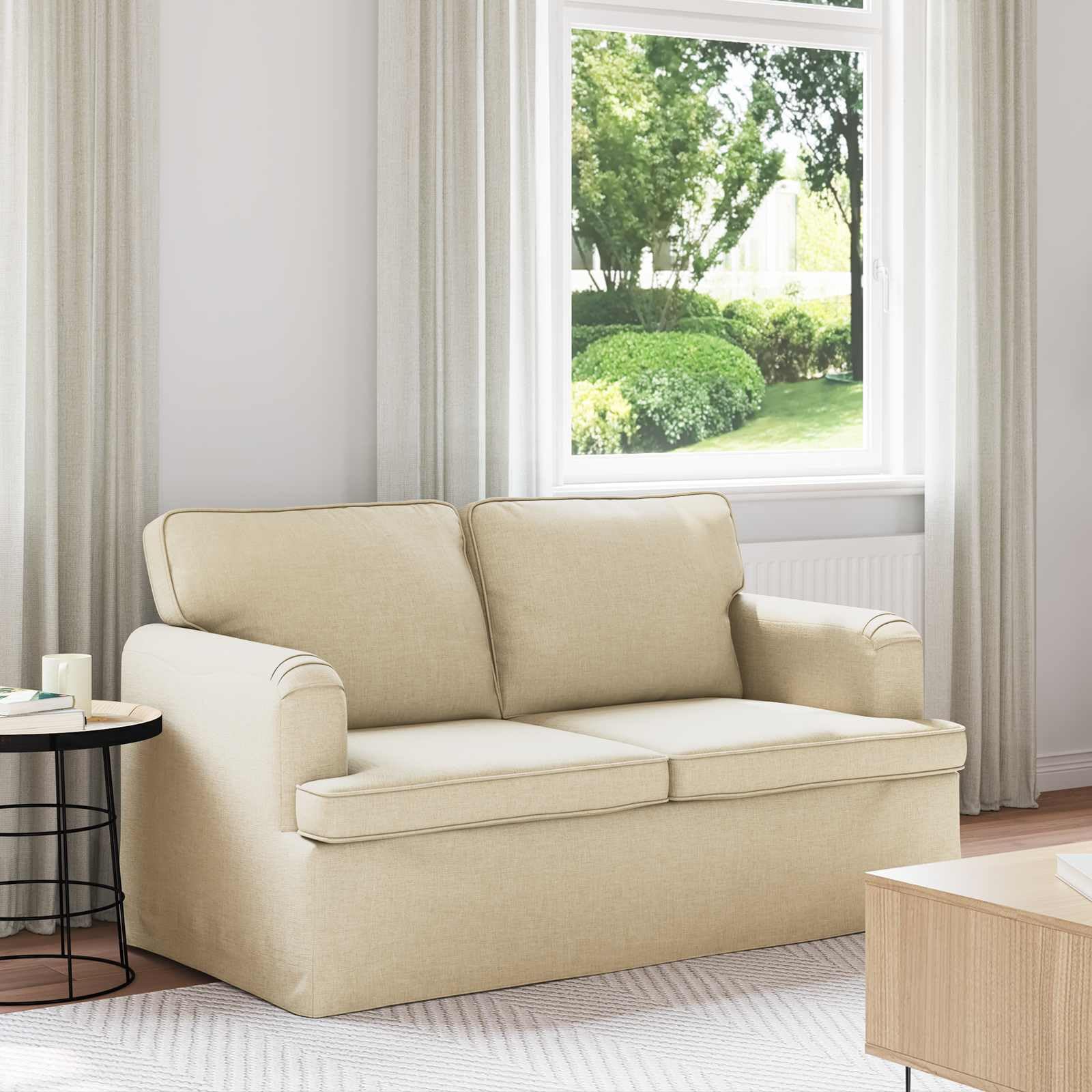 Mini Sofa 144x80x85 cm Creme mit Schwarzen Beinen Stoffbezug Ergonomisches 2-Sitzer Couch für Living Room Bedroom Erstwohnung Modernes Design Robustes Metallgestell