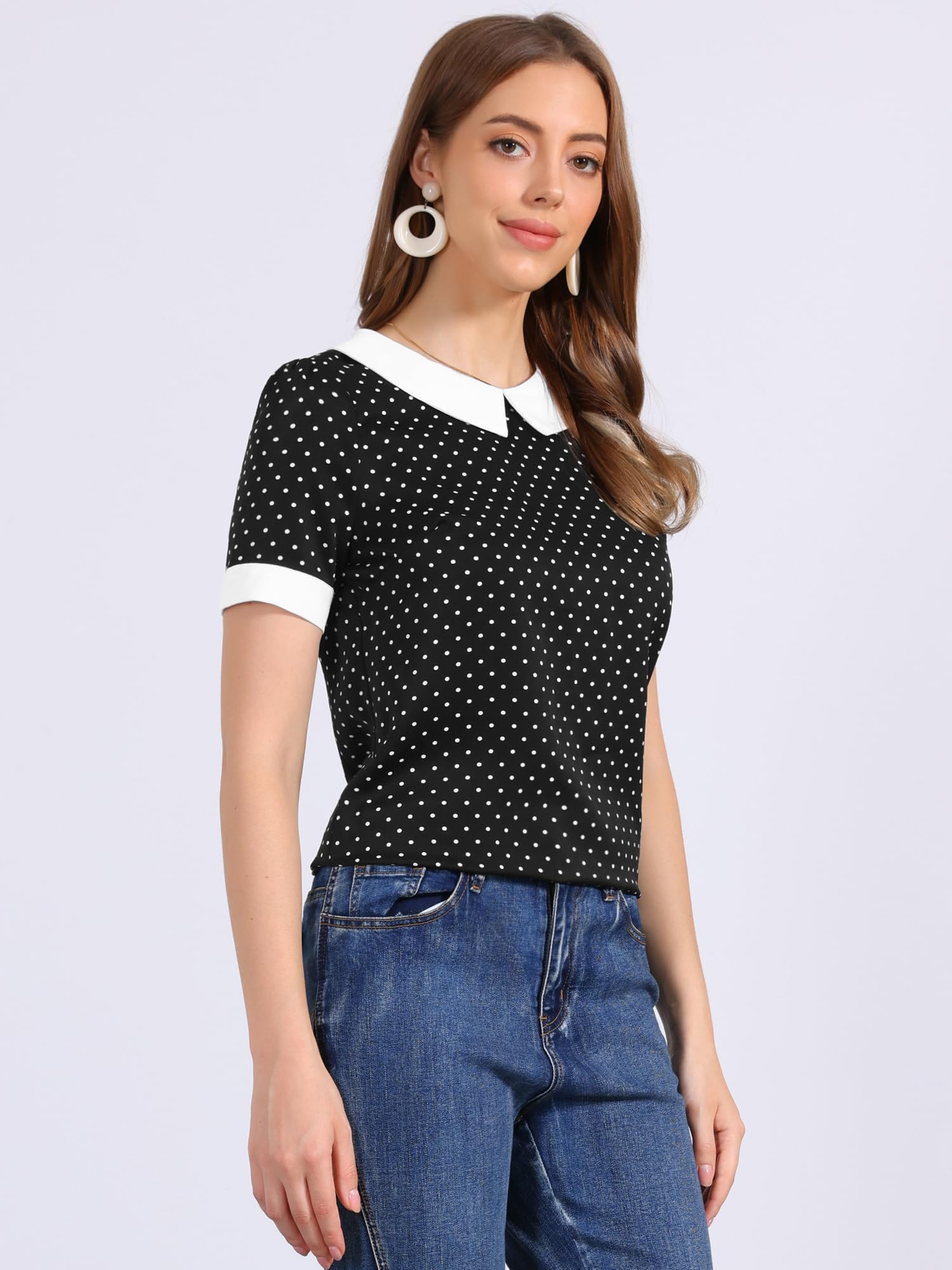 Allegra K Women's Peter Pan Collar Shirt Vintage 1950s Polka Dots Blouse: Large Black White