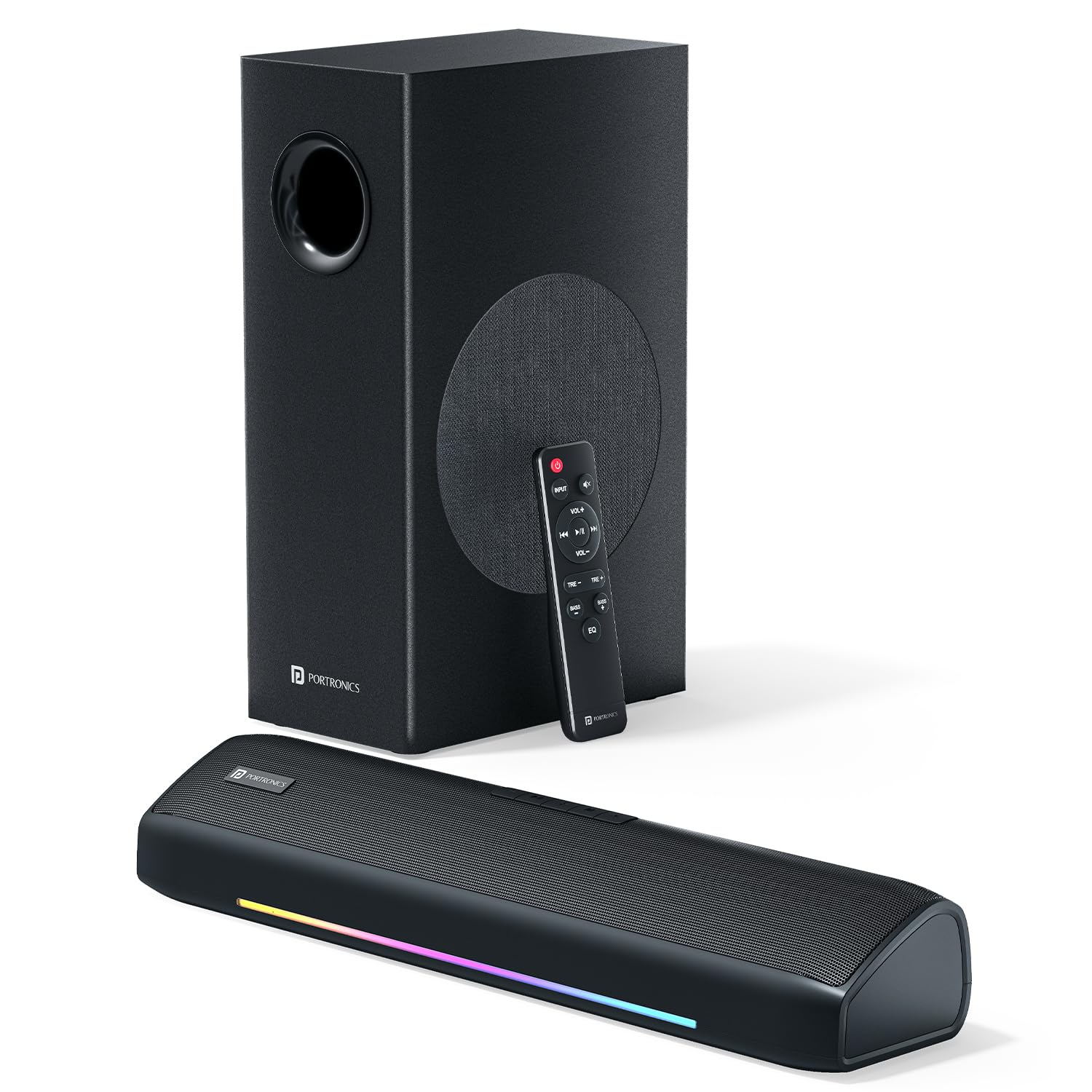 Portronics 100 Watts Zuno Compact Bluetooth Soundbar With Deep Bass, 2.1 Channel Home Theatre, Dual Driver Soundbar, HDMI in, Bluetooth v5.3, Multiple EQ Modes, LED Lights, Sleek Remote Control(Black)-picture-19