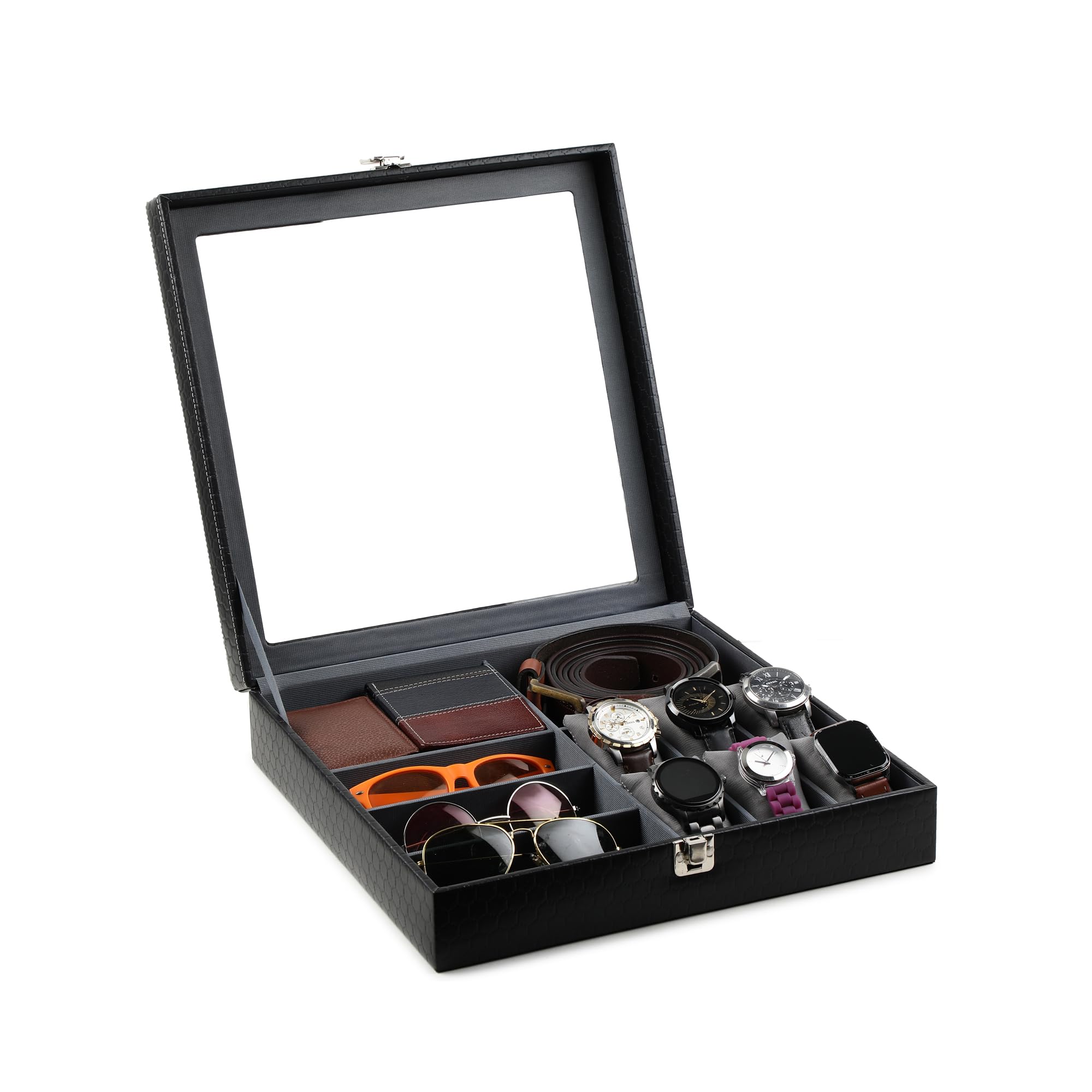 THE RUNNER Premium Design Men Accessories Box,Watch Box Organizer,Sunglass,Belt, Wallet And Eyewear Glass On Top & Cotton Cushion Storage Compartment Organizer Box (Black) (B0CY8L6SGH) Amazon Price History, Amazon Price Tracker
