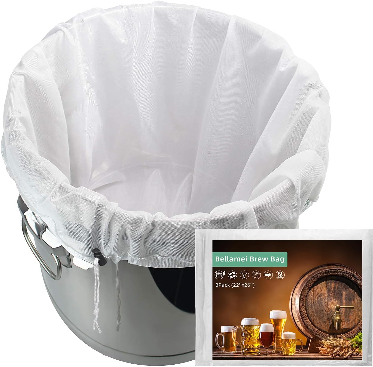 Brew Bags 3 Pack Extra Large 22"×26" Reusable 250 Micron Fine Mesh Bag for Fruit Cider Apple Grape Wine Beer Press Drawstring Straining Brew in a Bag
