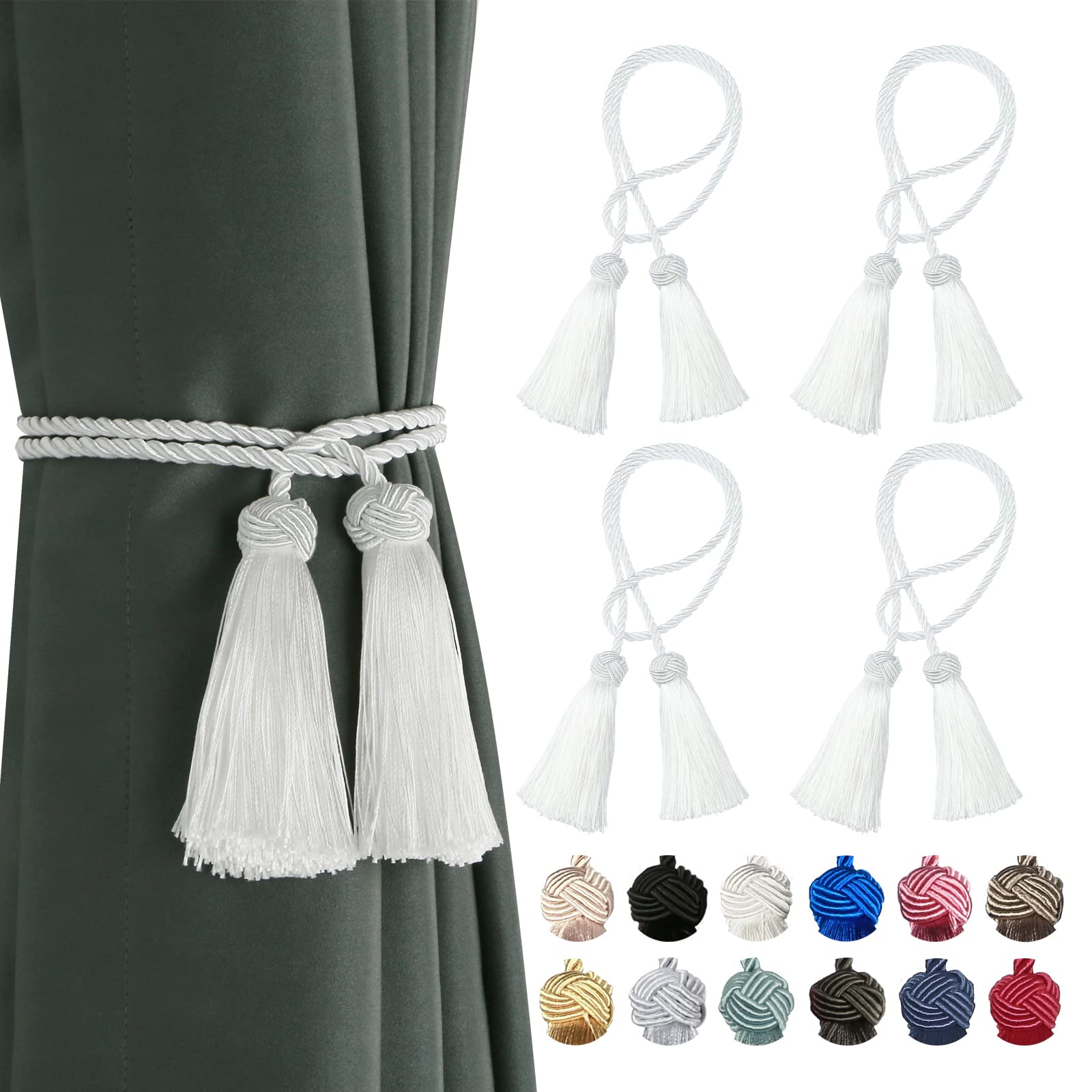 BEL AVENIR 4 Pack Curtain Handmade Tiebacks Decorative Curtain Holdbacks with Tassel (White, 4 Pack)