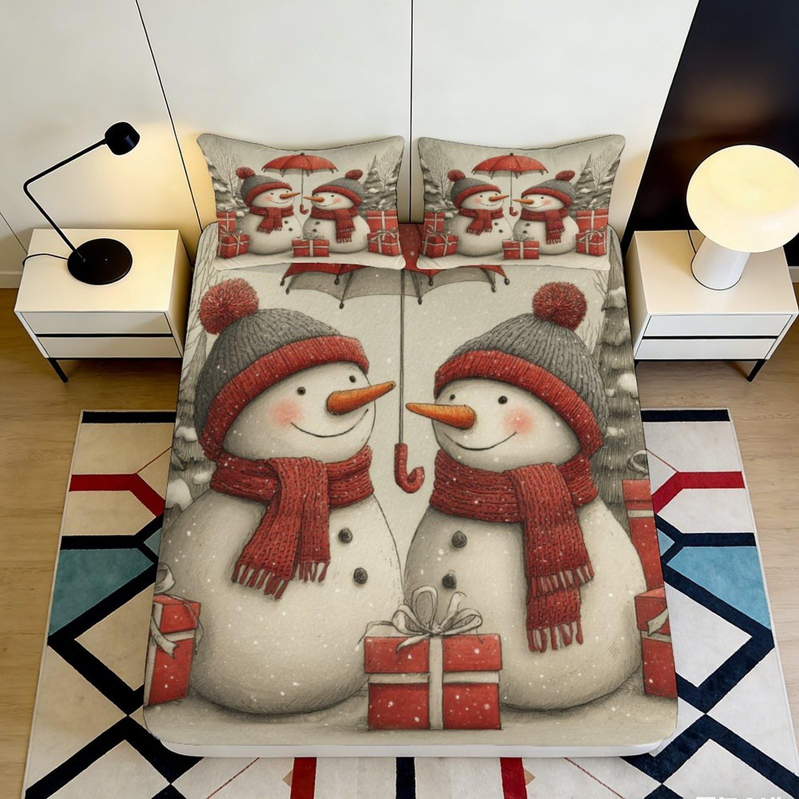3D Printed Snowman Couple Fitted Sheet Microfiber Soft Breathable Mattress Cover for Bedroom Dormitory Guest Room Home Decor 140x200x25cm