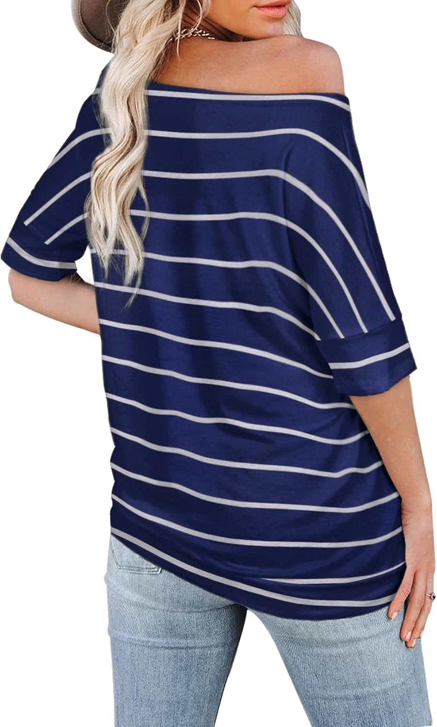 Sipaya Women's Off The Shoulder Tops Casual Loose Fitting Tunic Shirts Medium A01-blue Stripe