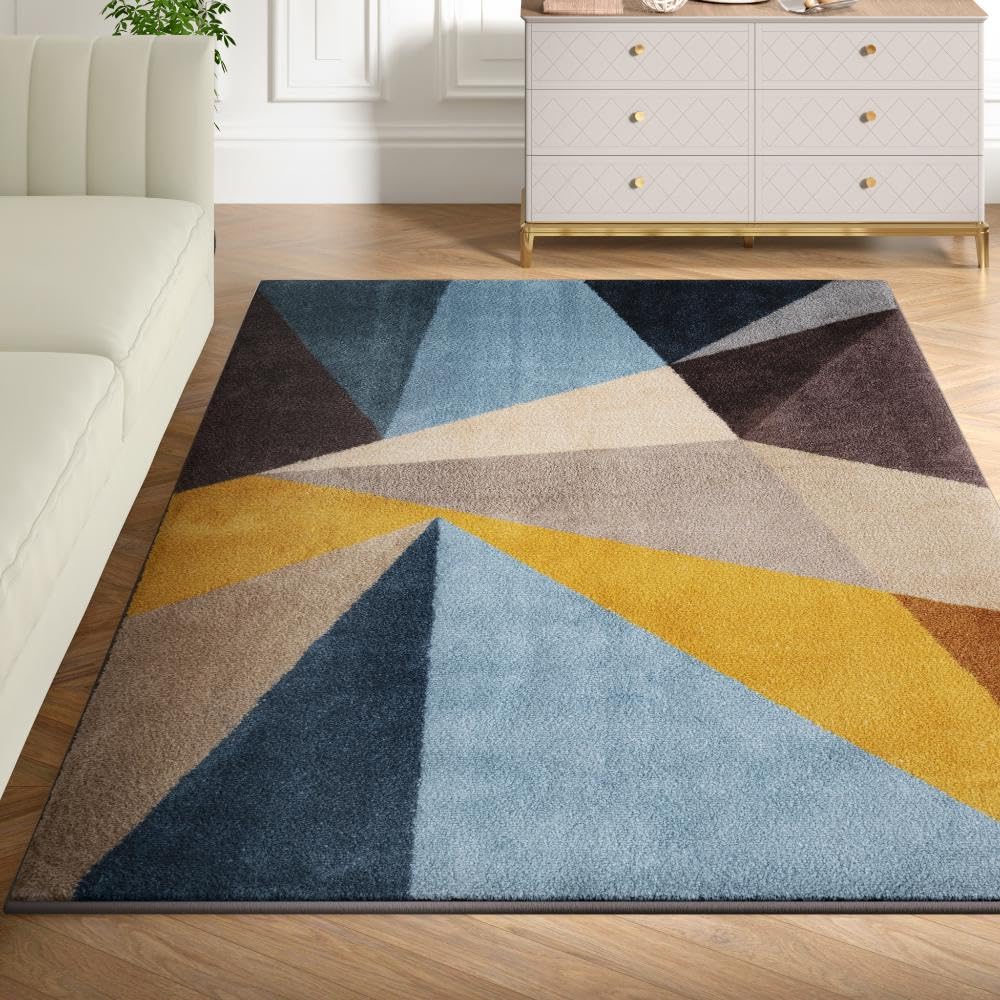 Textured Tufted and Printed Carpet | Rectangular Carpet for Your Living Room & Drawing Room | Soft, Stylish & Durable | 5 x 7 feet | Micro Polyester | Anti Skid Backing | Tikona- Yellow /Blue/Brown