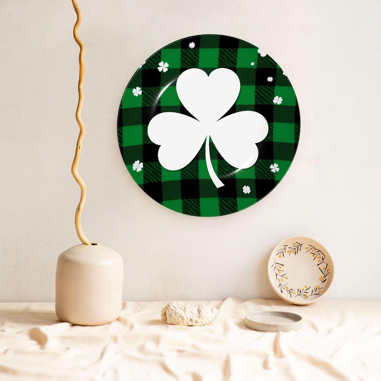 Saint Patrick Clover Green Style Ceramic Plate Display Decorative Plate With Stand Wall Hanging Plate For Home Decor 10 Inch