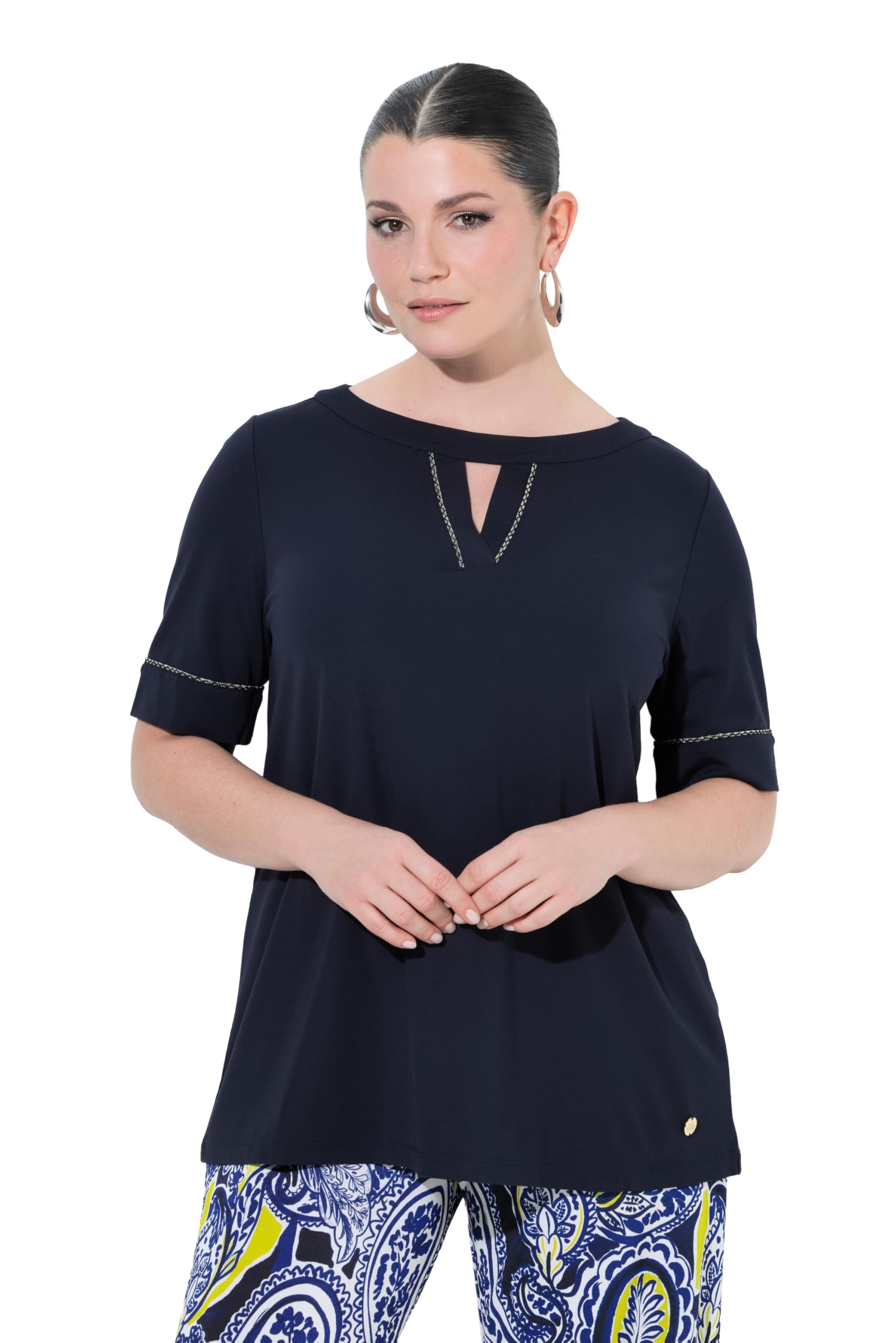 Ulla Popken Damen große Größen Übergrößen Plus Size Punto-Shirt, A-Linie, Zierband, U-Boot-Ausschnitt, Halbarm 847243