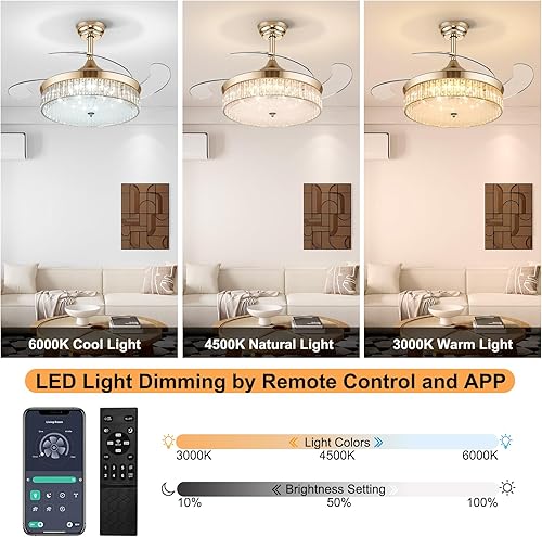 Miniatura 3 de Ohniyou Ventilador de techo retráctil de 42 pulgadas con luces, candelabro de cristal dorado, ventilador de techo remoto y control por aplicación,