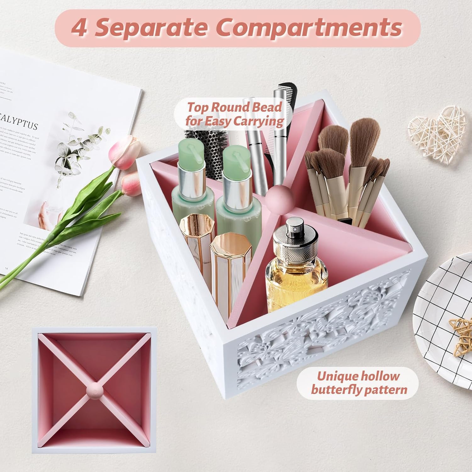 360 Rotating Makeup Brush Holder with Butterfly Cutout, Pink Makeup Brush Organizer for Vanity - 4 Compartment Spinning Wooden Desk Organizer for Pens, Lipsticks, Eyebrow Pencils