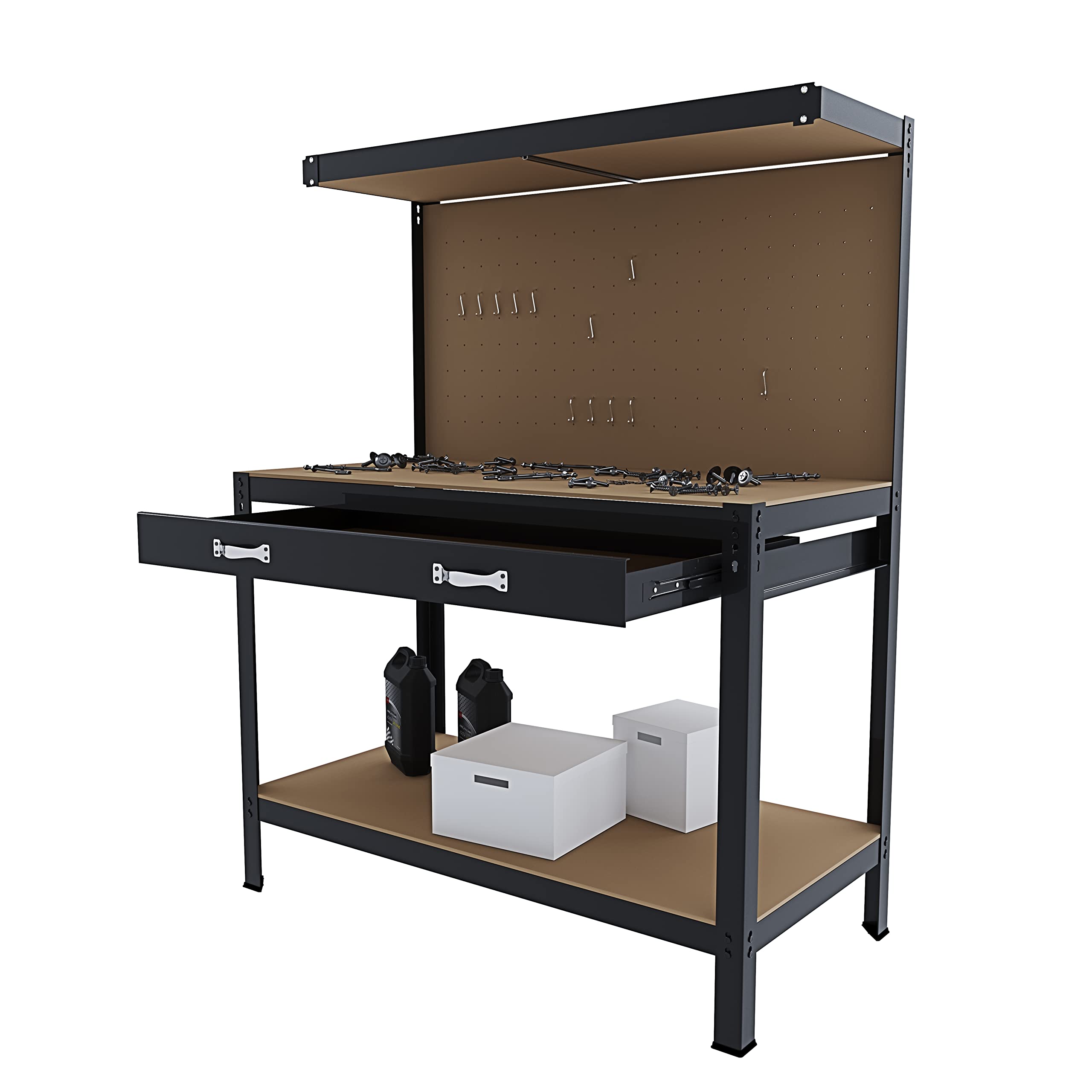 Banco da Lavoro 3 Livelli 120x60 cm 370 kg Cassetto Pannello Forato Nero