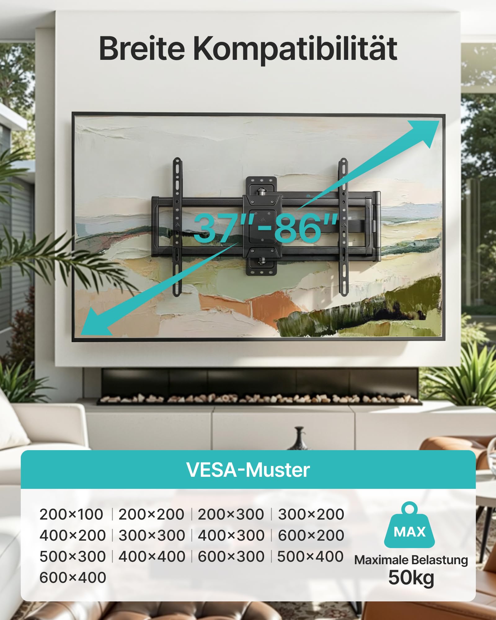 PEGZONE Soporte TV Pared Brazo Largo 86-812 mm 37-86", hasta 50 kg | Soporte para TV orientable e inclinable, VESA máx. 600x400, gestión de cables, compatible con TV LED, LCD y OLED