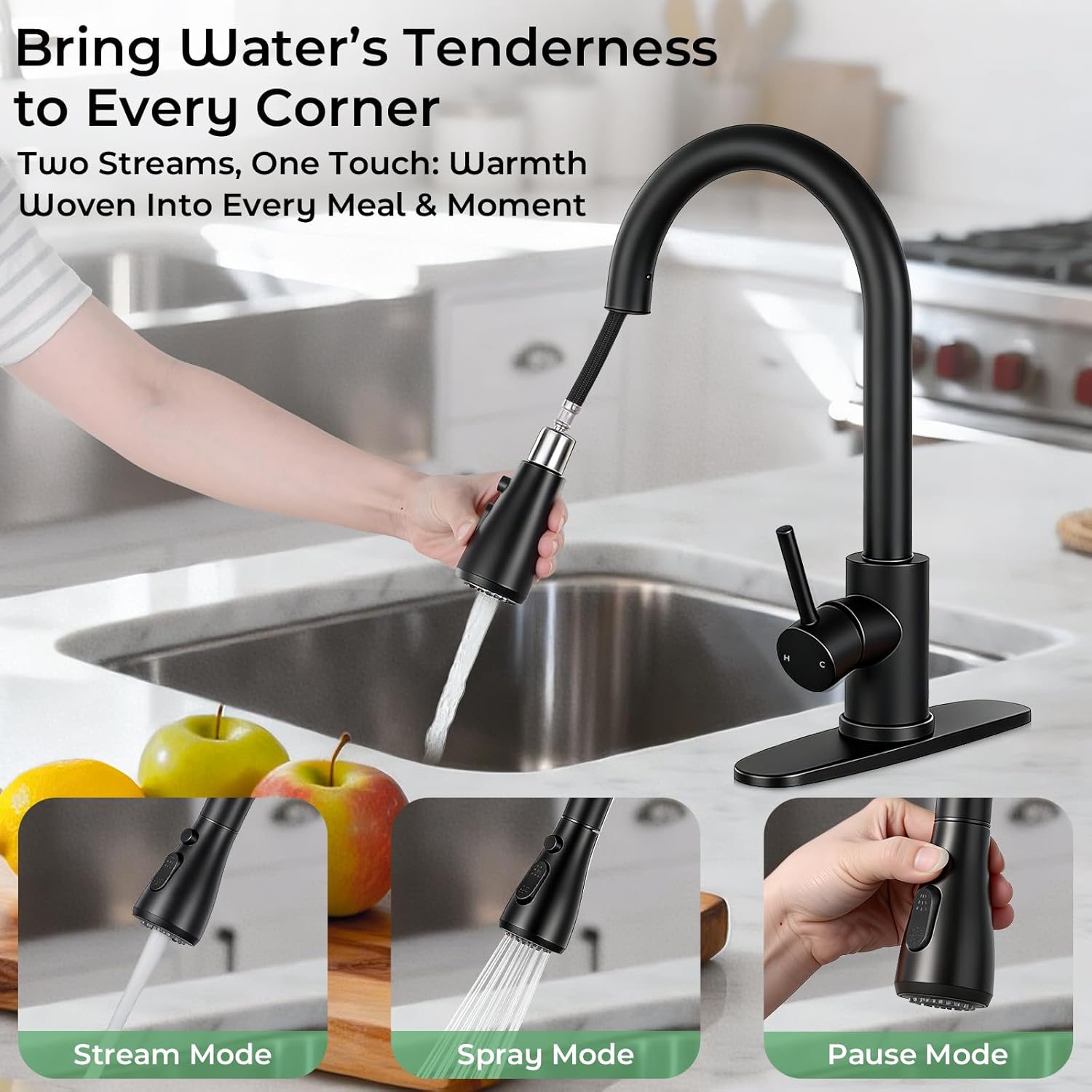 Kitchen Faucet with Pull Down Sprayer, Matte Black Kitchen Sink Faucet for RV, Laundry, Bar, Farmhouse, High Arc Stainless Steel Pull Out Single Handle Kitchen Faucet