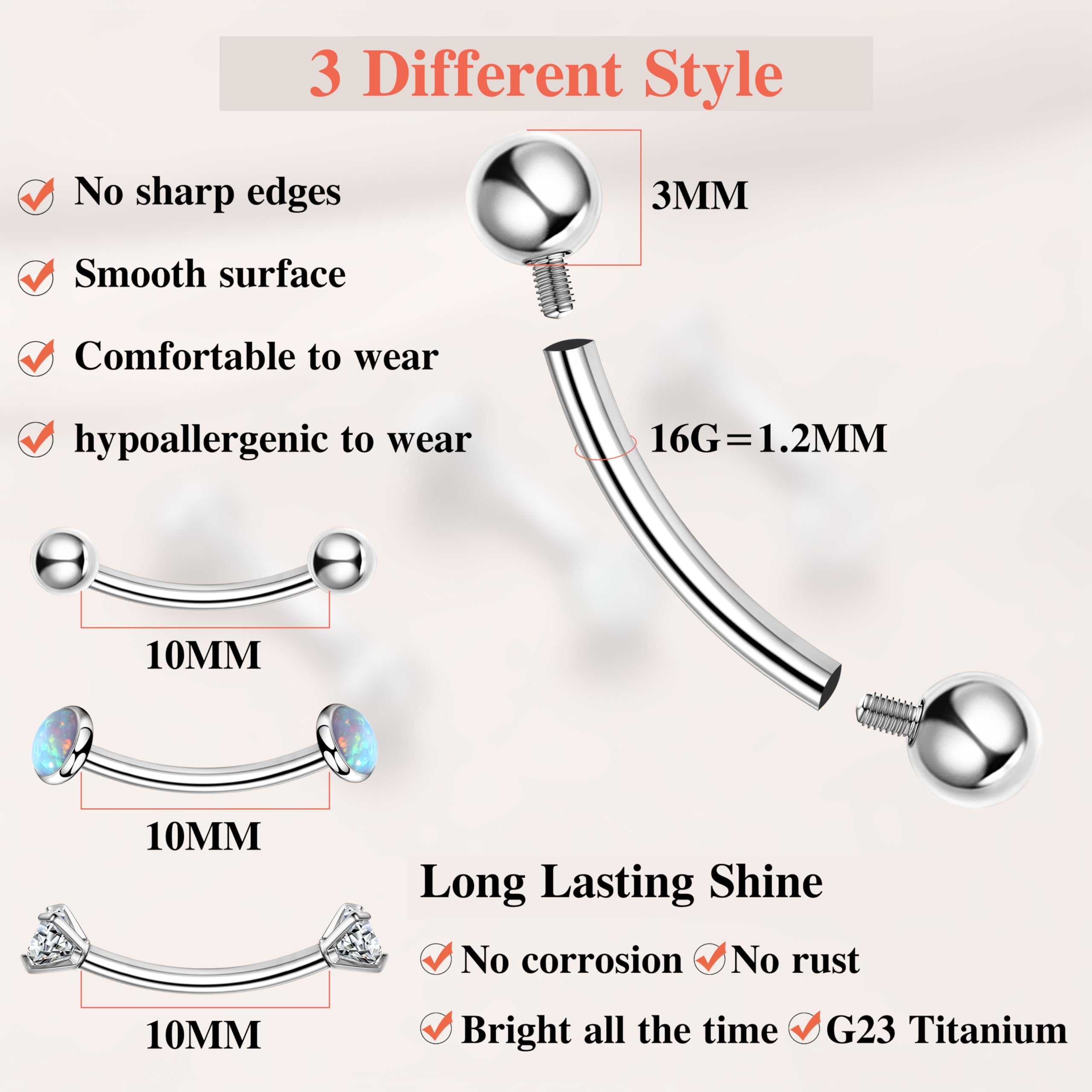 G23 Titanio 16G Piercing Barbell Curvo per Donna Uomo Orecchino Torre CZ Opale Sfera Helix Daith Trago Piercing all'orecchio Barre per Sopracciglia Barre per Ombelico Labbra Rook Piercing Gioielli