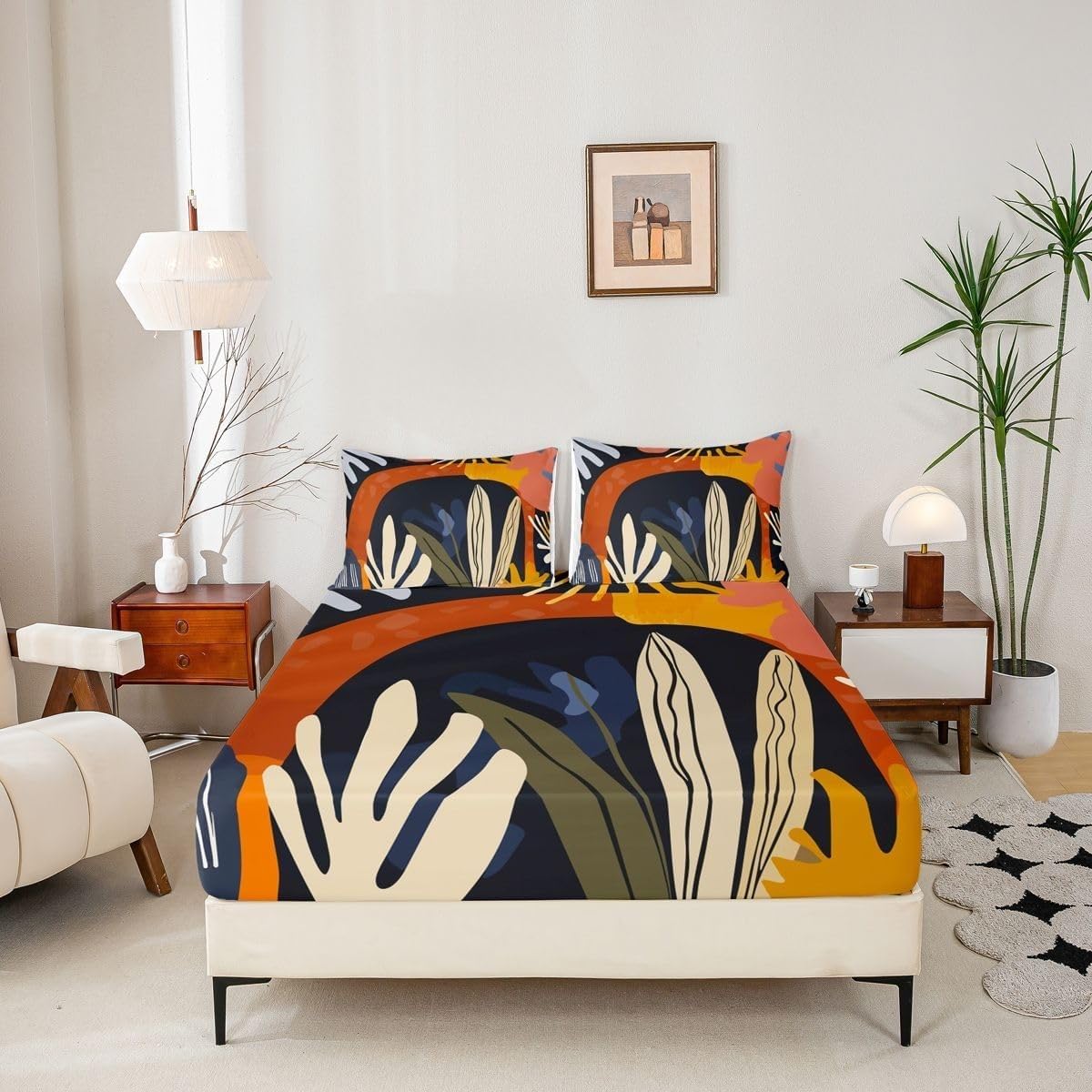 Abstract Super King Fitted Sheet Plants Bed Sheets Deep Pocket 12 inch (30 cm) Soft Cozy 3 Piece Microfibre Bed Sheet 180x200 cm with 2 Pillowcases 50x75 cm