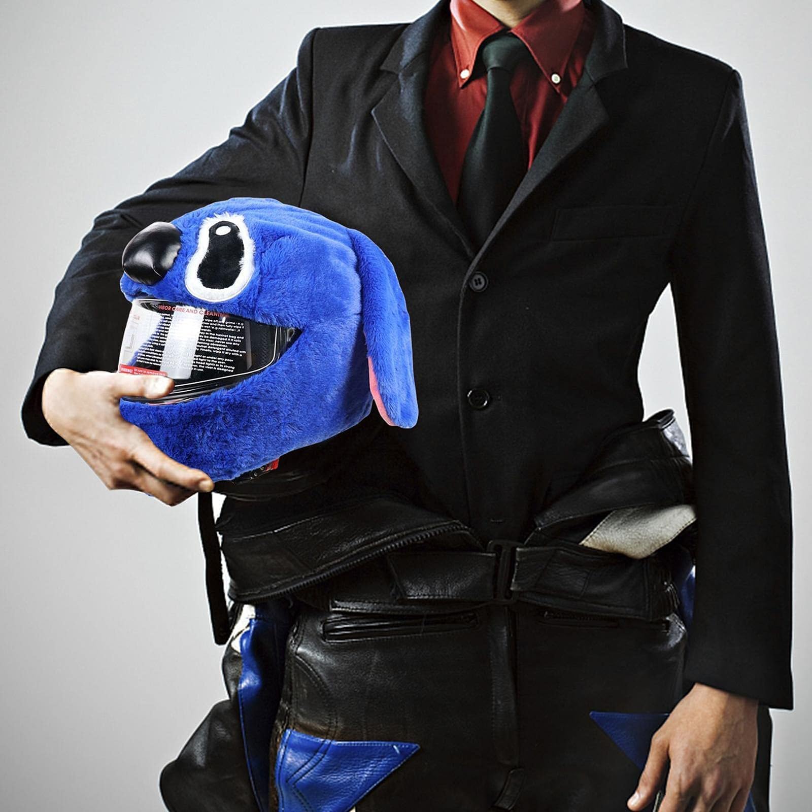 Housse de casque de moto pour homme et femme, housse en peluche, motif dessin animé, intéressant, bleu (casque non inclus)