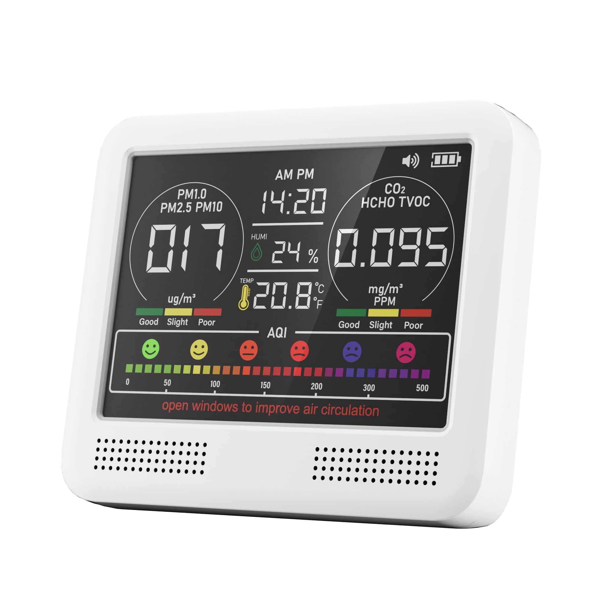 16-in-1 Indoor Air Quality Monitor with PM1.0,PM2.5,PM10,CO2,HCHO,TVOC,Temperature,Humidity,Time Display &amp;7 AQI Alarms – Professional Air Quality Tester for Home, Office &amp; Indoor Use (Int White)